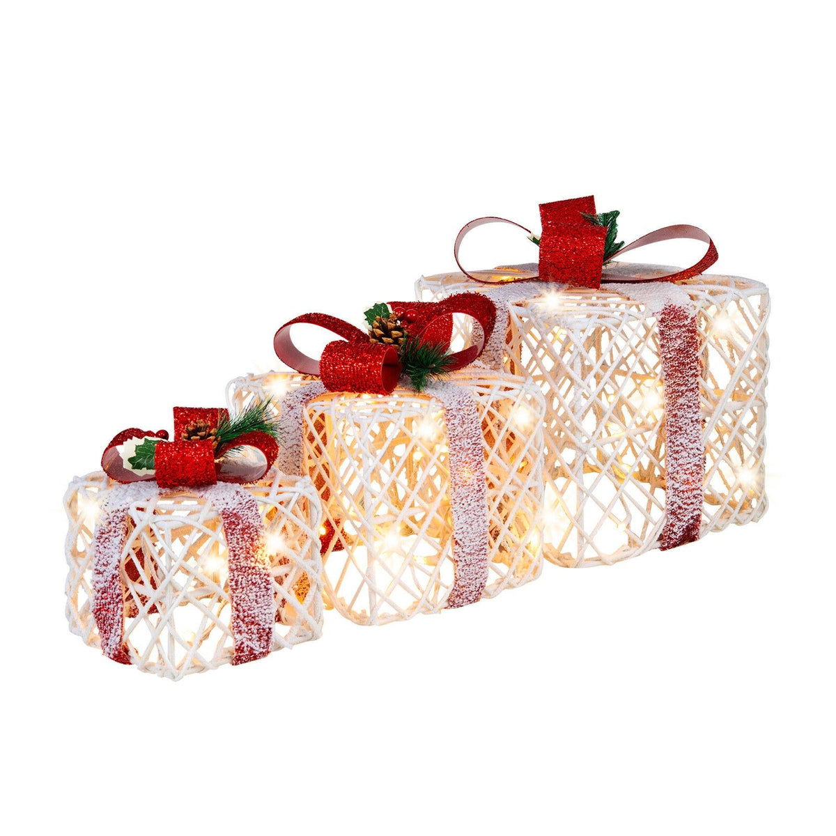 Set of 3 Christmas Lighted Gift Boxes Decorations with Red Bowknots-Christmas Decorations & Accessories-DECOROLALA