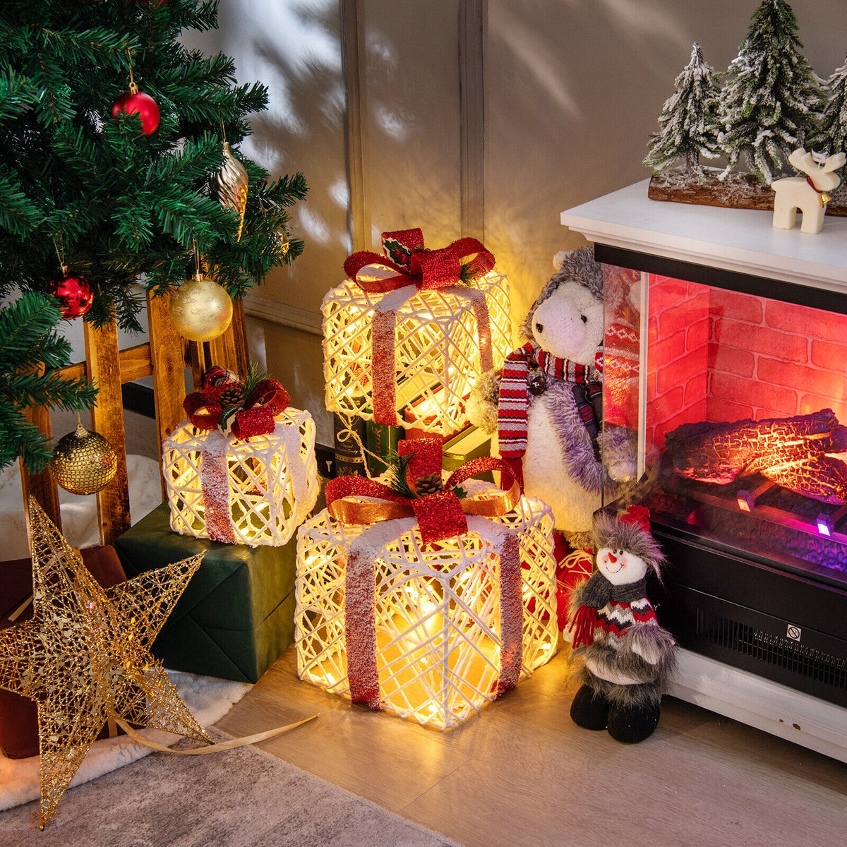 Set of 3 Christmas Lighted Gift Boxes Decorations with Red Bowknots-Christmas Decorations & Accessories-DECOROLALA