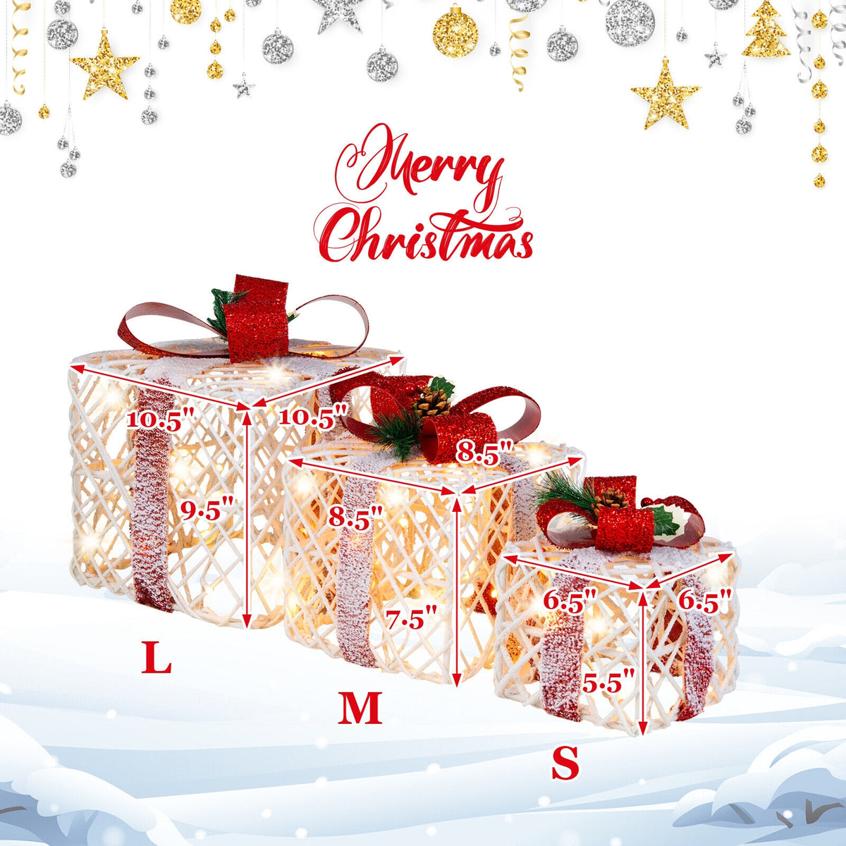Set of 3 Christmas Lighted Gift Boxes Decorations with Red Bowknots-Christmas Decorations & Accessories-DECOROLALA