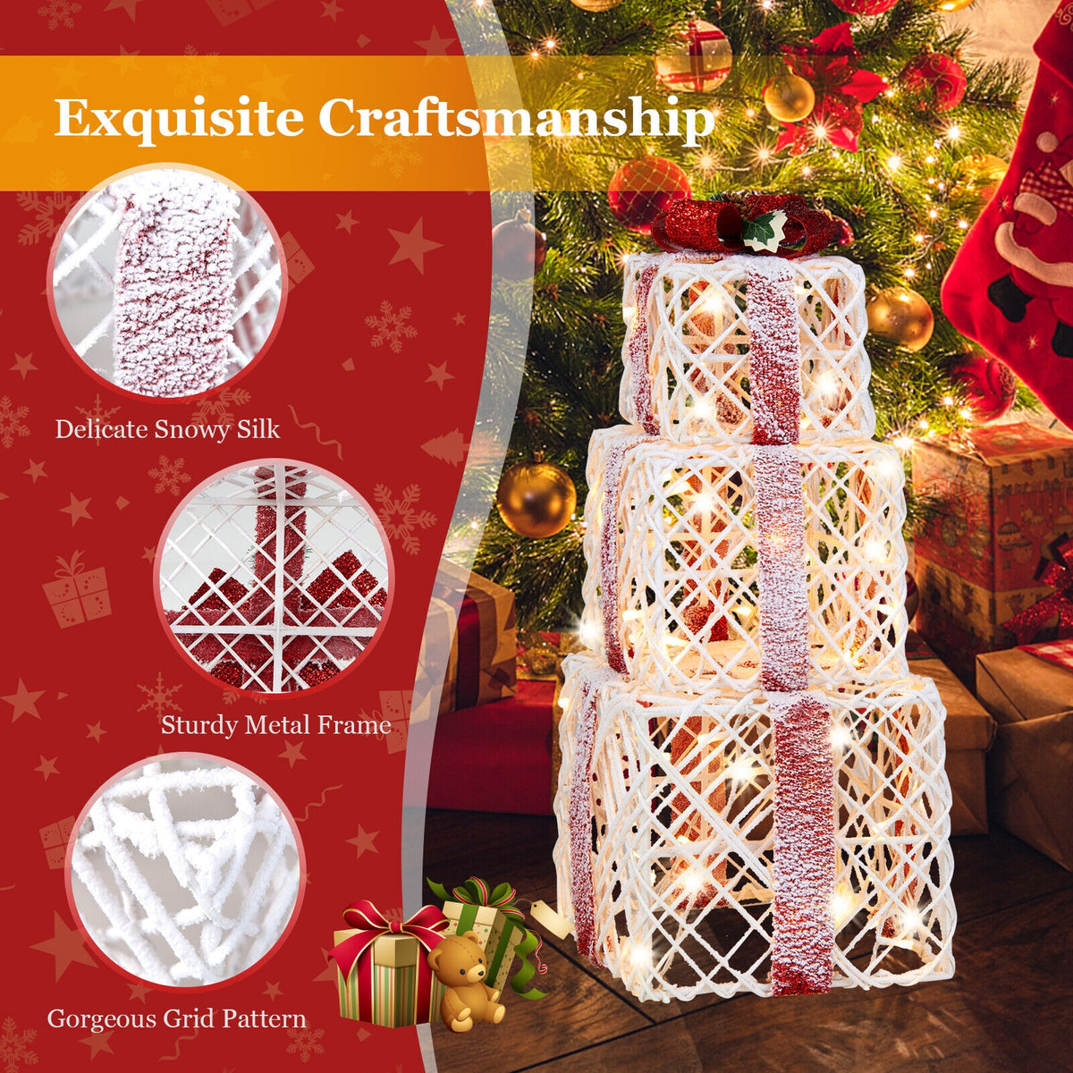 Set of 3 Christmas Lighted Gift Boxes Decorations with Red Bowknots-Christmas Decorations & Accessories-DECOROLALA
