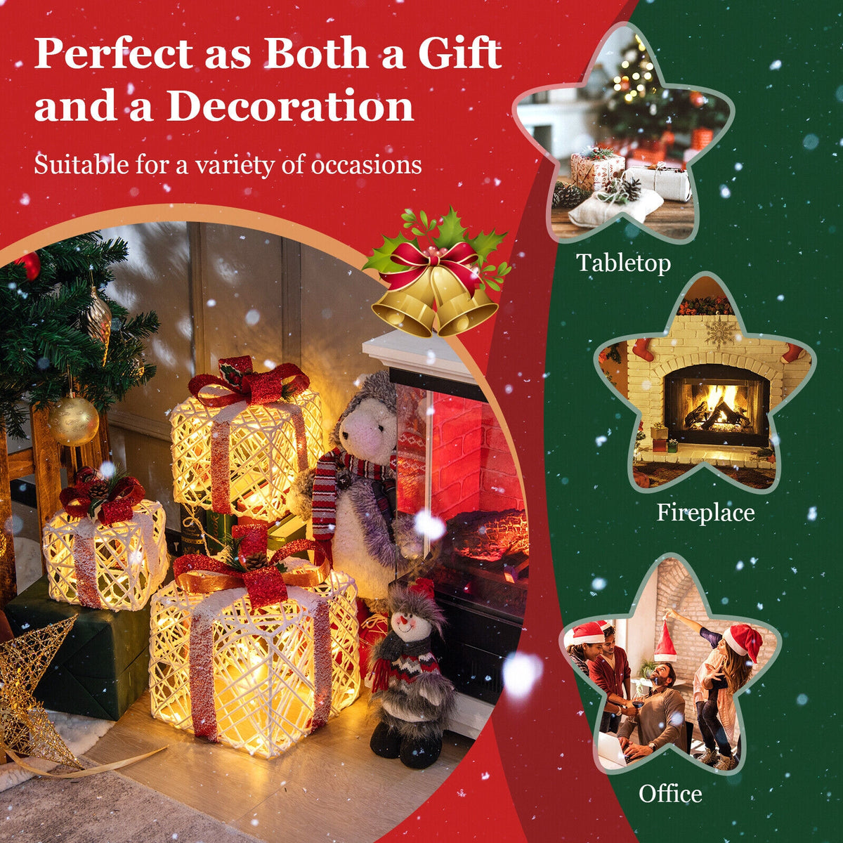 Set of 3 Christmas Lighted Gift Boxes Decorations with Red Bowknots-Christmas Decorations & Accessories-DECOROLALA