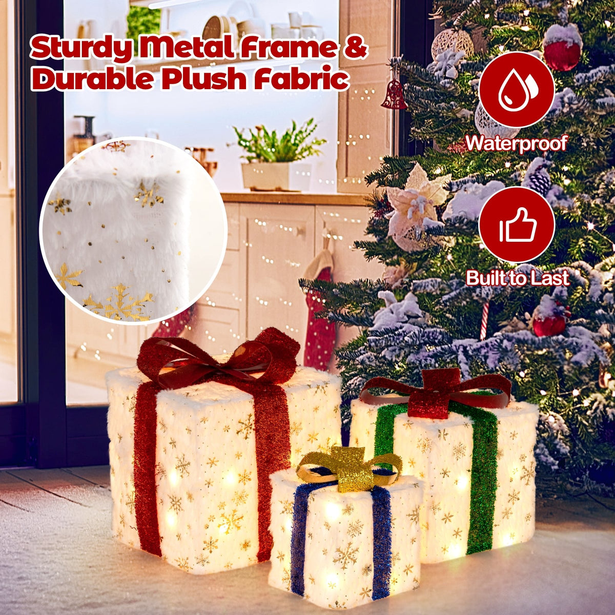 Set of 3 Christmas Lighted Gift Boxes with 48 Bright Warm Lights-Christmas Decorations & Accessories-DECOROLALA