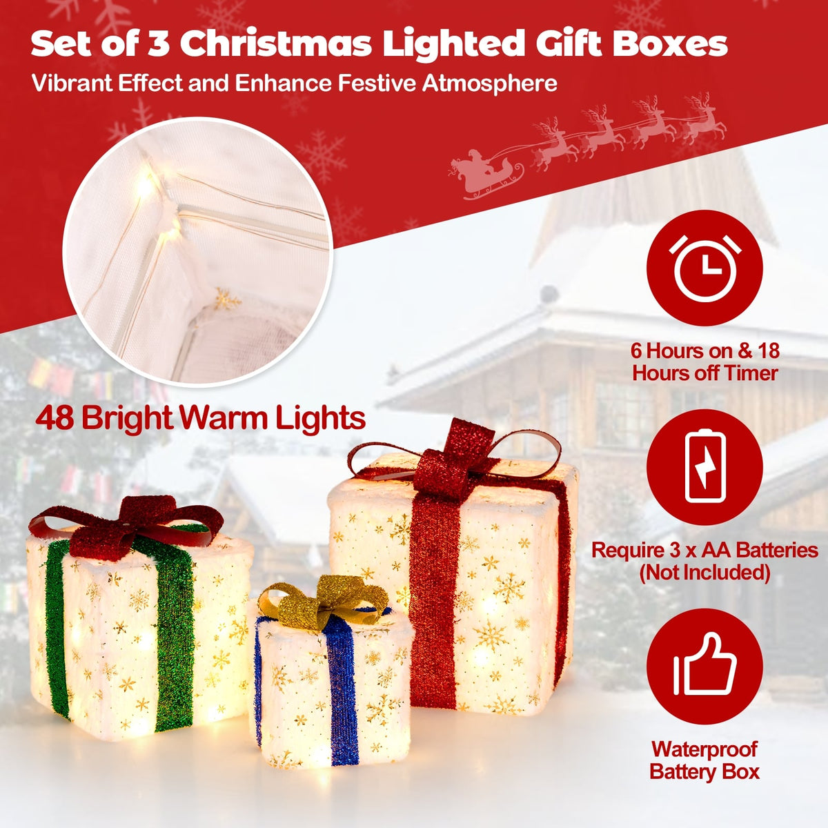 Set of 3 Christmas Lighted Gift Boxes with 48 Bright Warm Lights-Christmas Decorations & Accessories-DECOROLALA