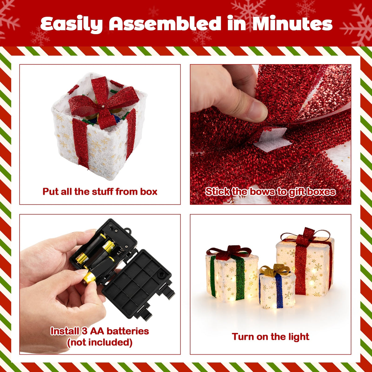 Set of 3 Christmas Lighted Gift Boxes with 48 Bright Warm Lights-Christmas Decorations & Accessories-DECOROLALA