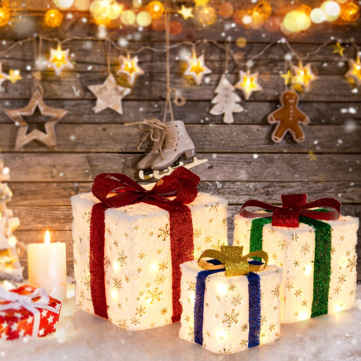 Set of 3 Christmas Lighted Gift Boxes with 48 Bright Warm Lights-Christmas Decorations & Accessories-DECOROLALA