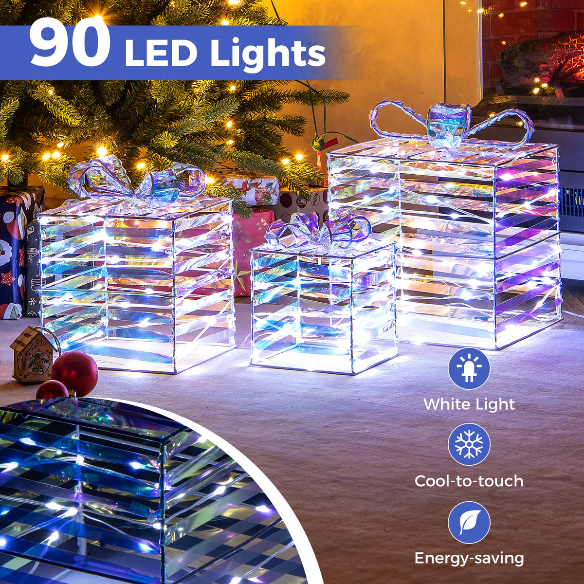 Set of 3 Christmas Lighted Gift Boxes with Bows and Plug-Christmas Decorations & Accessories-DECOROLALA