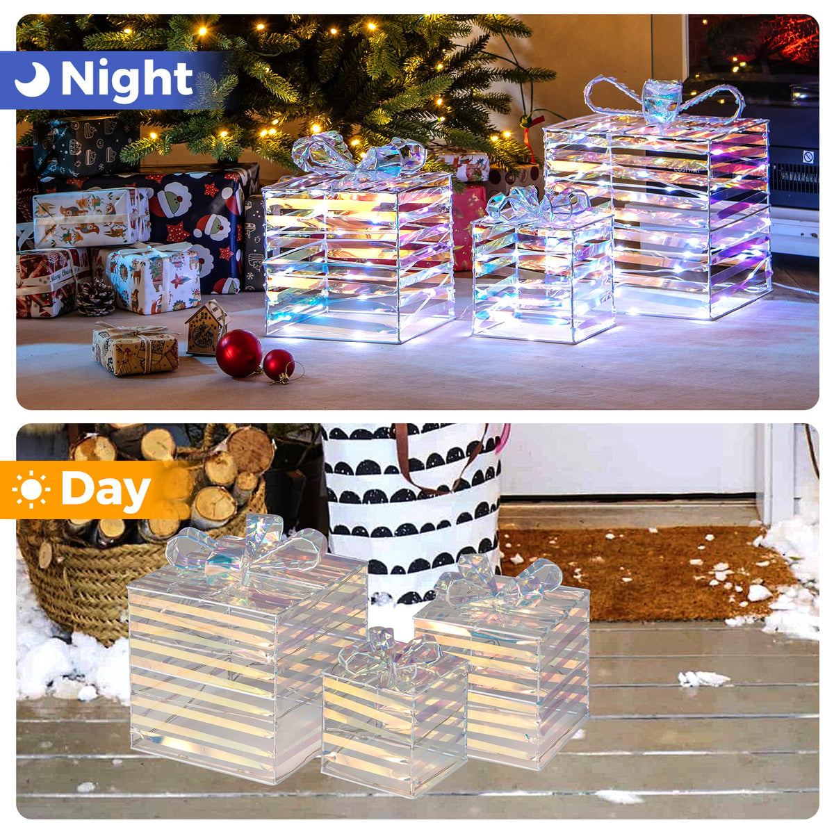 Set of 3 Christmas Lighted Gift Boxes with Bows and Plug-Christmas Decorations & Accessories-DECOROLALA