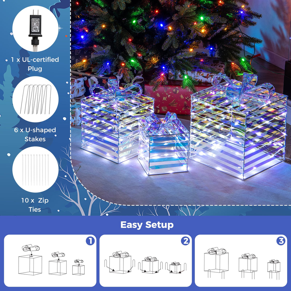 Set of 3 Christmas Lighted Gift Boxes with Bows and Plug-Christmas Decorations & Accessories-DECOROLALA