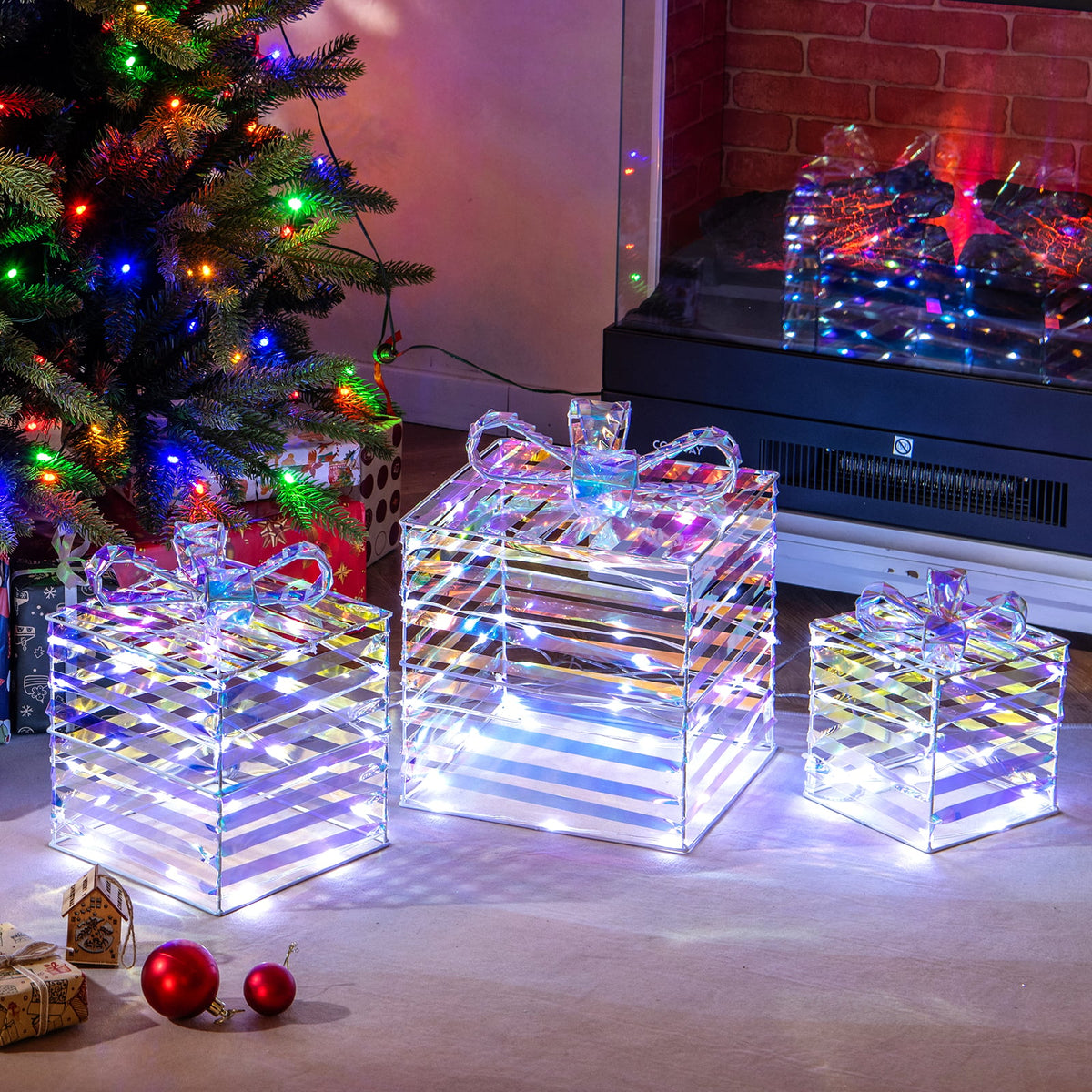 Set of 3 Christmas Lighted Gift Boxes with Bows and Plug-Christmas Decorations & Accessories-DECOROLALA