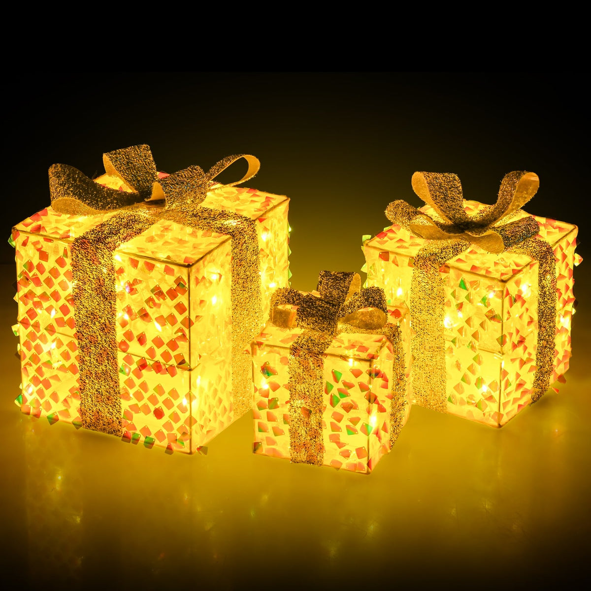 Set of 3 Christmas Lighted Gift Boxes with Pre-lit 90 LED Light and Bows-Christmas Decorations & Accessories-DECOROLALA
