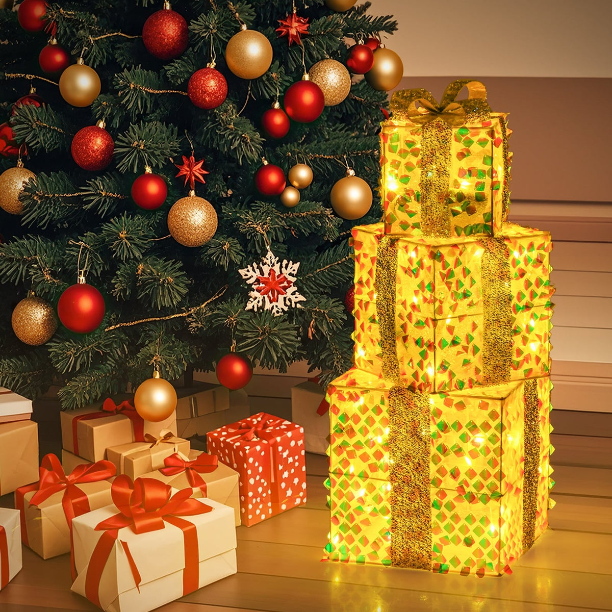 Set of 3 Christmas Lighted Gift Boxes with Pre-lit 90 LED Light and Bows-Christmas Decorations & Accessories-DECOROLALA