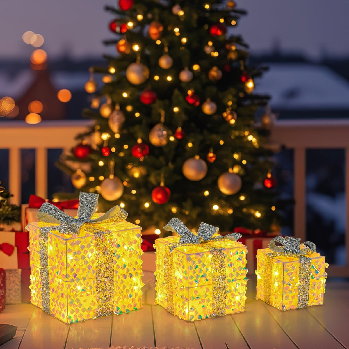 Set of 3 Christmas Lighted Gift Boxes with Pre-lit 90 LED Light and Bows-Christmas Decorations & Accessories-DECOROLALA