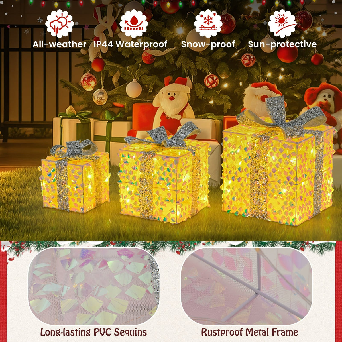 Set of 3 Christmas Lighted Gift Boxes with Pre-lit 90 LED Light and Bows-Christmas Decorations & Accessories-DECOROLALA