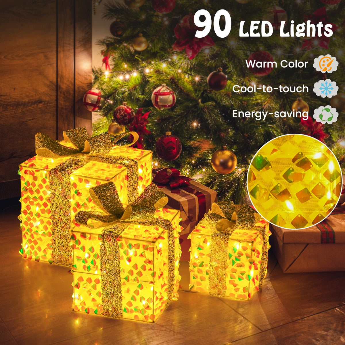 Set of 3 Christmas Lighted Gift Boxes with Pre-lit 90 LED Light and Bows-Christmas Decorations & Accessories-DECOROLALA