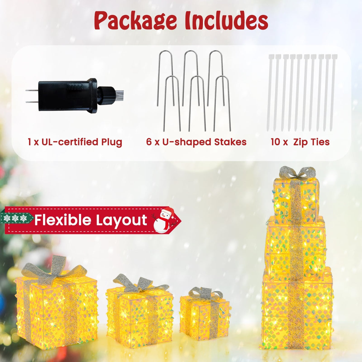 Set of 3 Christmas Lighted Gift Boxes with Pre-lit 90 LED Light and Bows-Christmas Decorations & Accessories-DECOROLALA