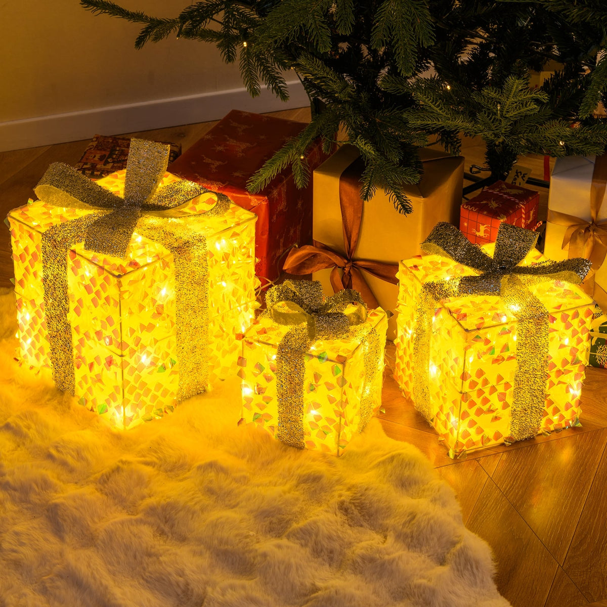 Set of 3 Christmas Lighted Gift Boxes with Pre-lit 90 LED Light and Bows-Christmas Decorations & Accessories-DECOROLALA