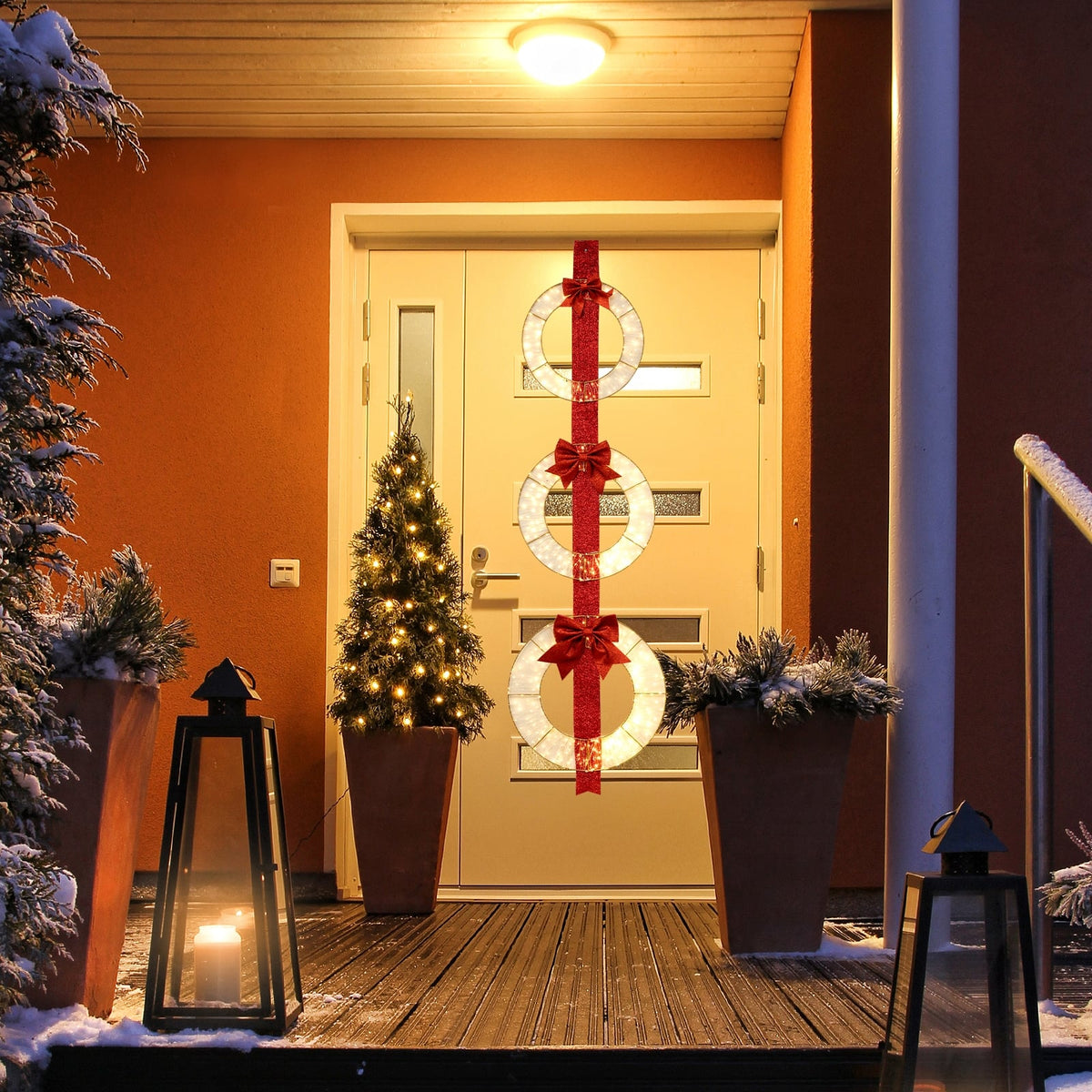 Set of 3 Christmas Lighted Wreaths with Warm White LED Lights and Bows-Christmas Decorations & Accessories-DECOROLALA