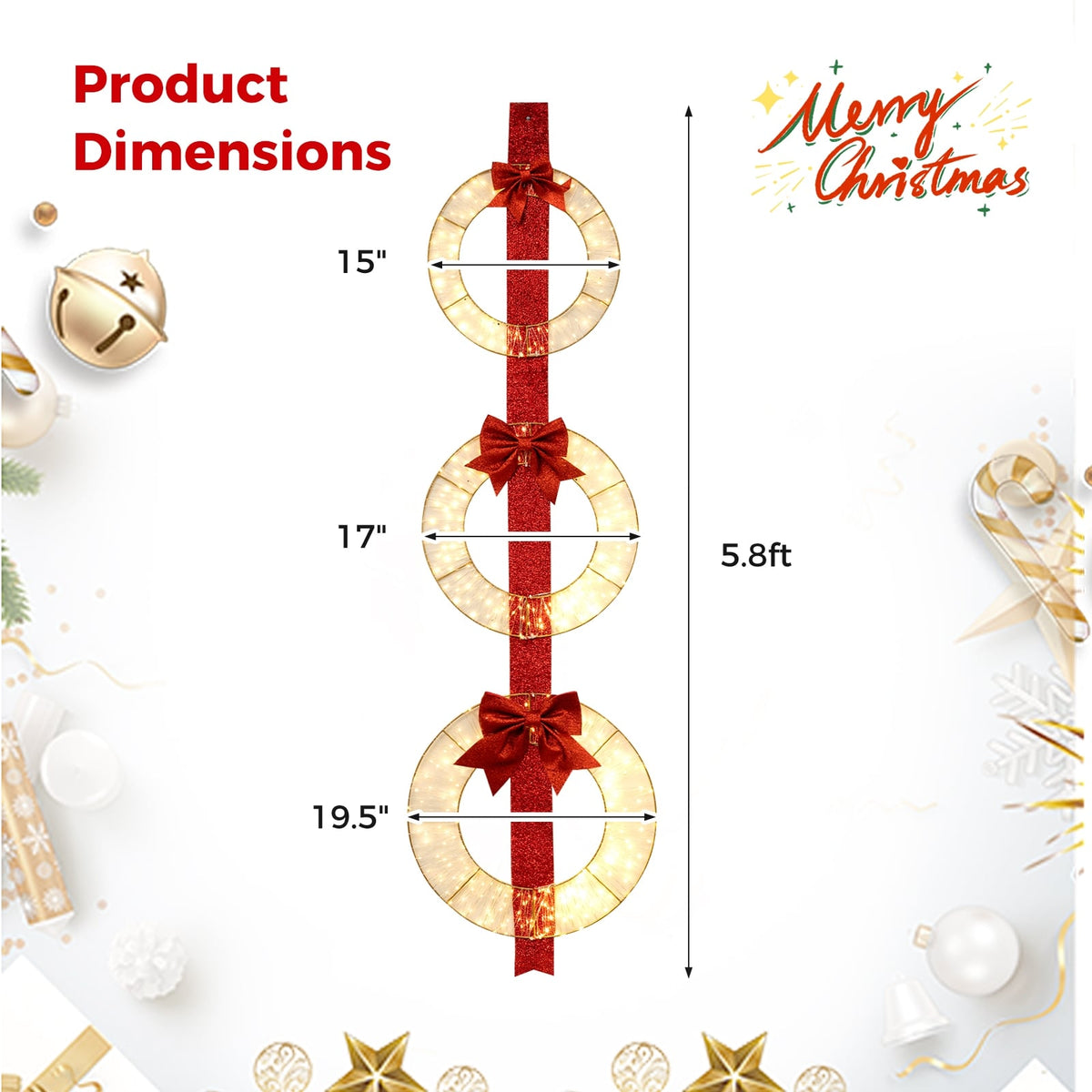 Set of 3 Christmas Lighted Wreaths with Warm White LED Lights and Bows-Christmas Decorations & Accessories-DECOROLALA
