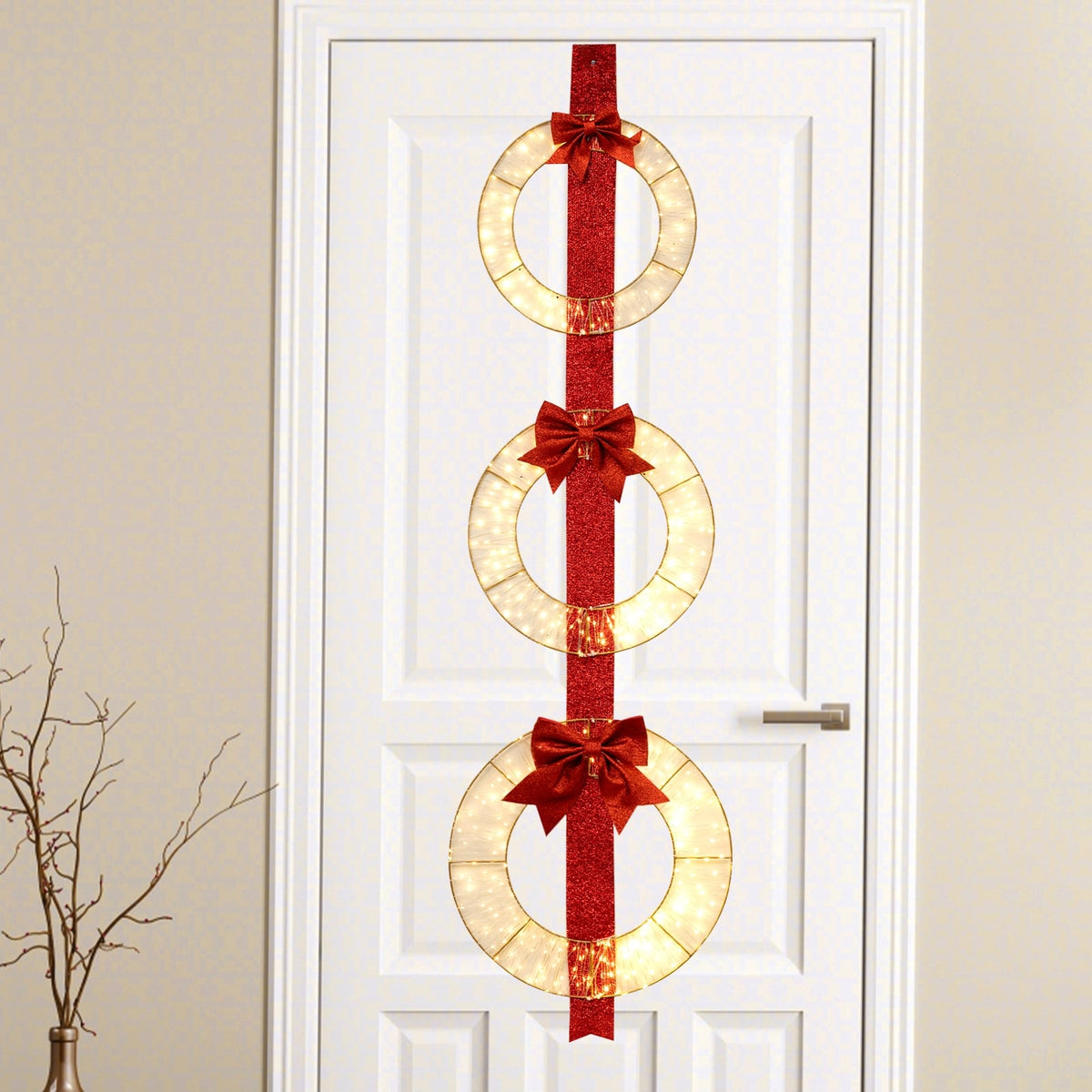 Set of 3 Christmas Lighted Wreaths with Warm White LED Lights and Bows-Christmas Decorations & Accessories-DECOROLALA