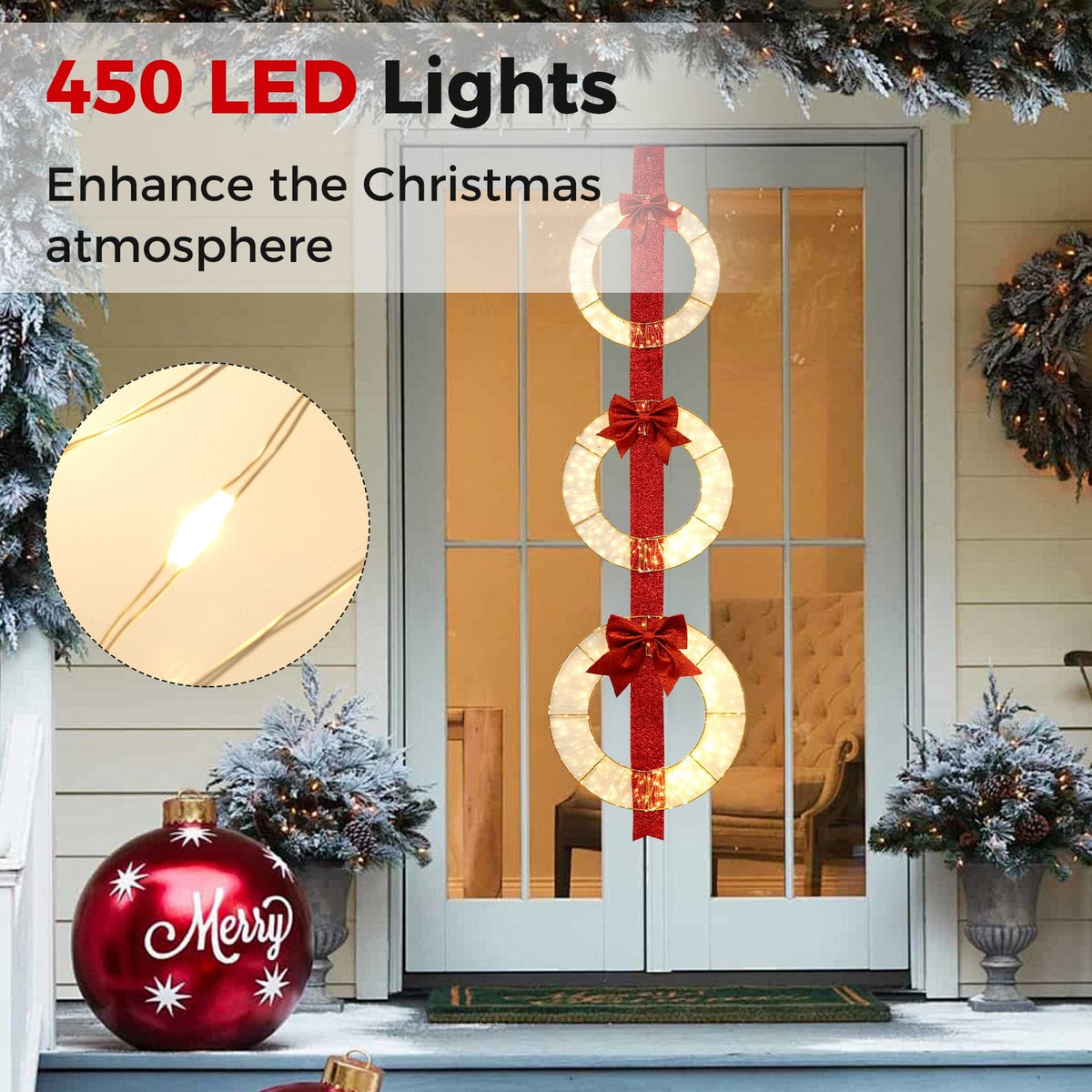 Set of 3 Christmas Lighted Wreaths with Warm White LED Lights and Bows-Christmas Decorations & Accessories-DECOROLALA