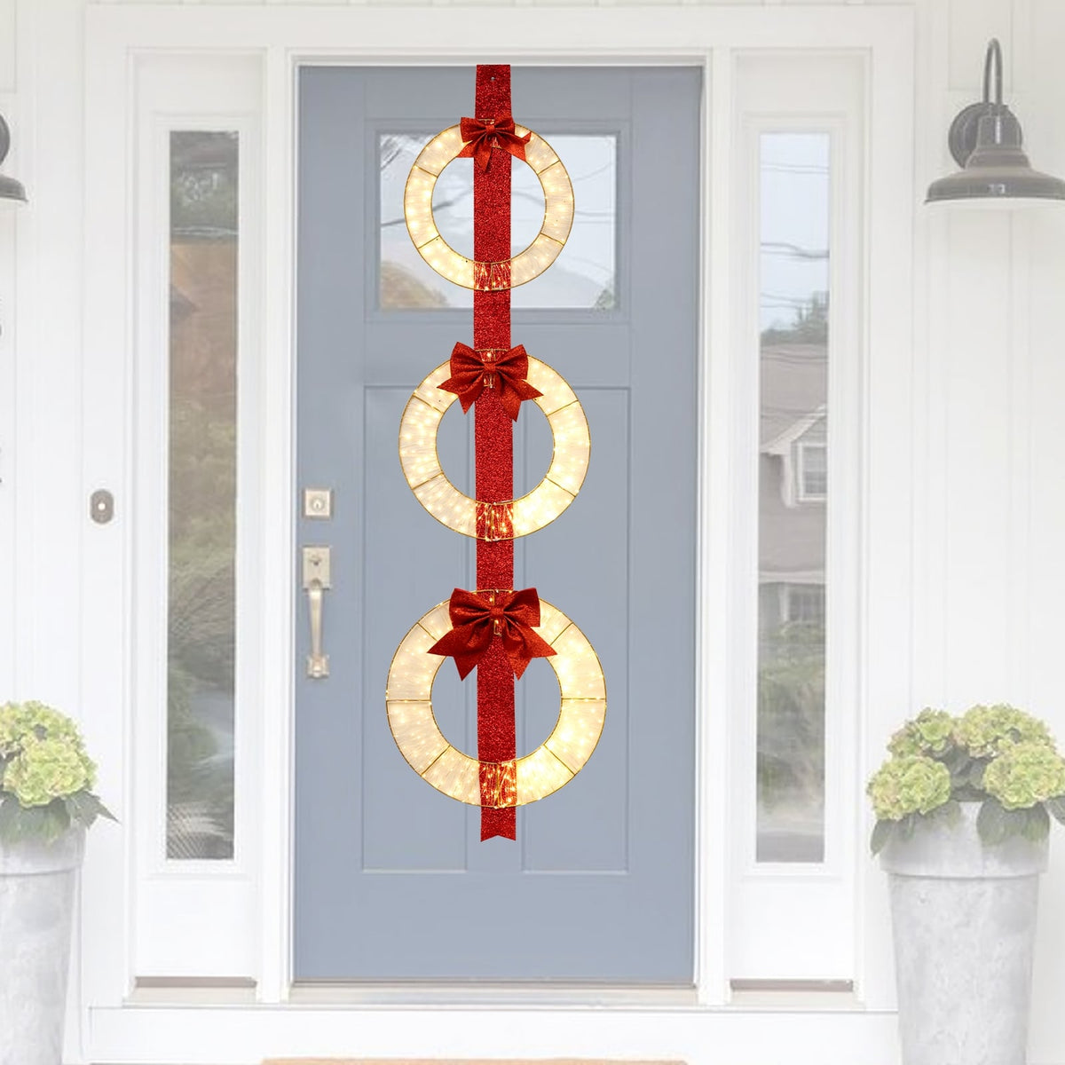 Set of 3 Christmas Lighted Wreaths with Warm White LED Lights and Bows-Christmas Decorations & Accessories-DECOROLALA