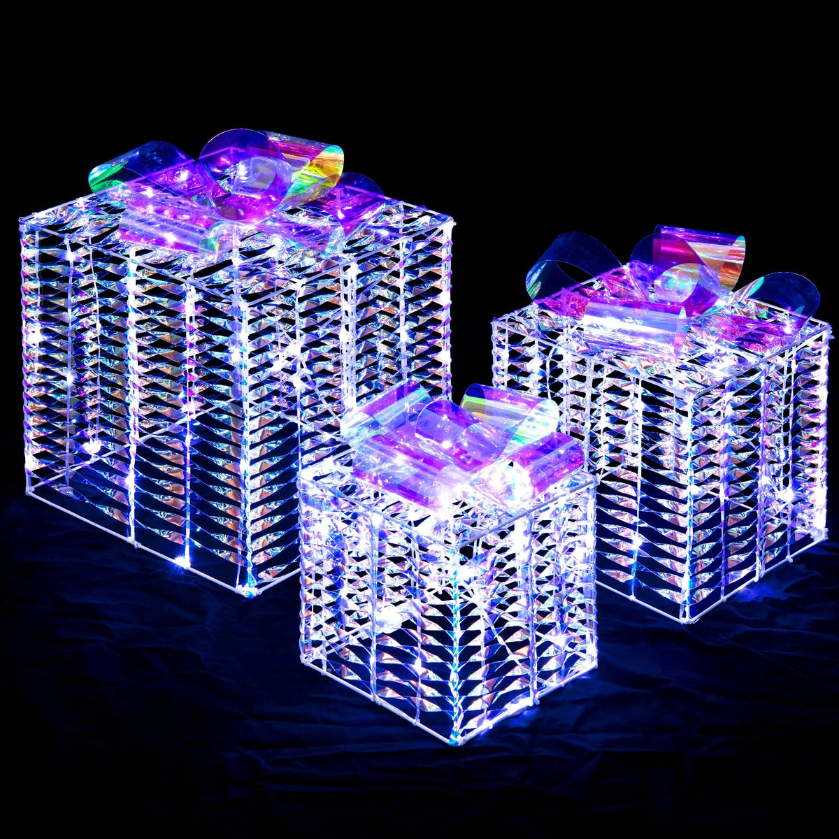Set of 3 Iridescent Christmas Gift Box with Iridescent Bows-Christmas Decorations & Accessories-DECOROLALA