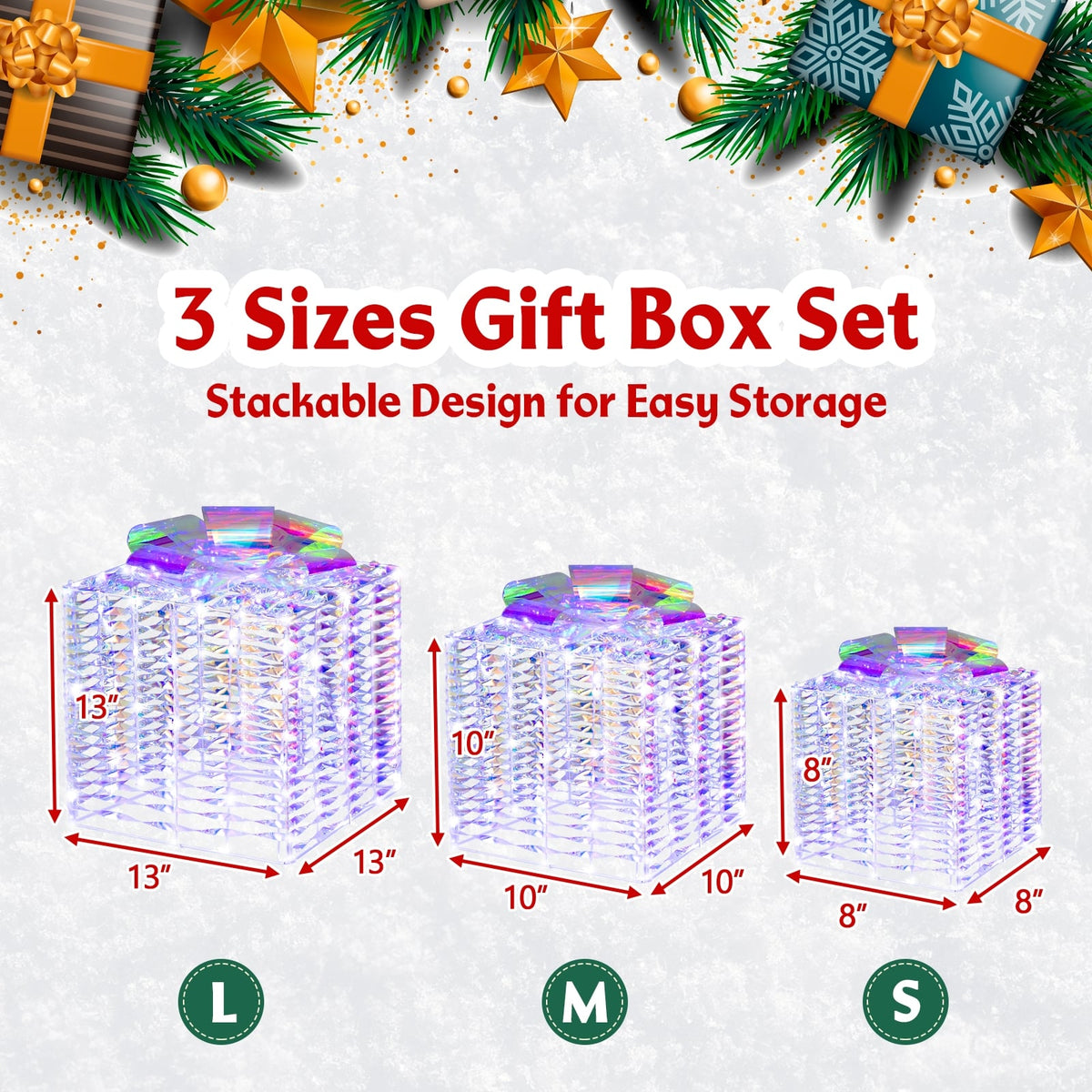 Set of 3 Iridescent Christmas Gift Box with Iridescent Bows-Christmas Decorations & Accessories-DECOROLALA