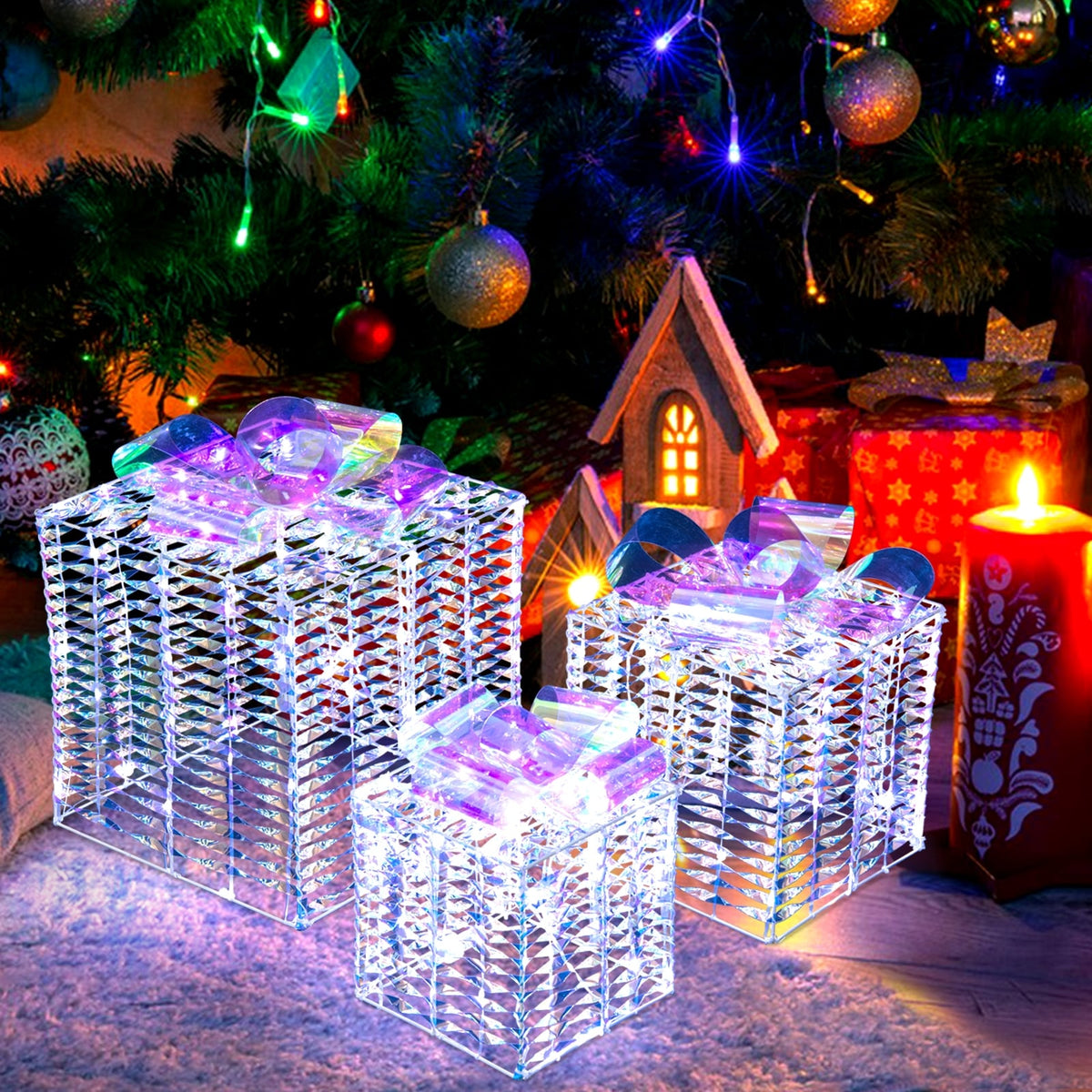 Set of 3 Iridescent Christmas Gift Box with Iridescent Bows-Christmas Decorations & Accessories-DECOROLALA