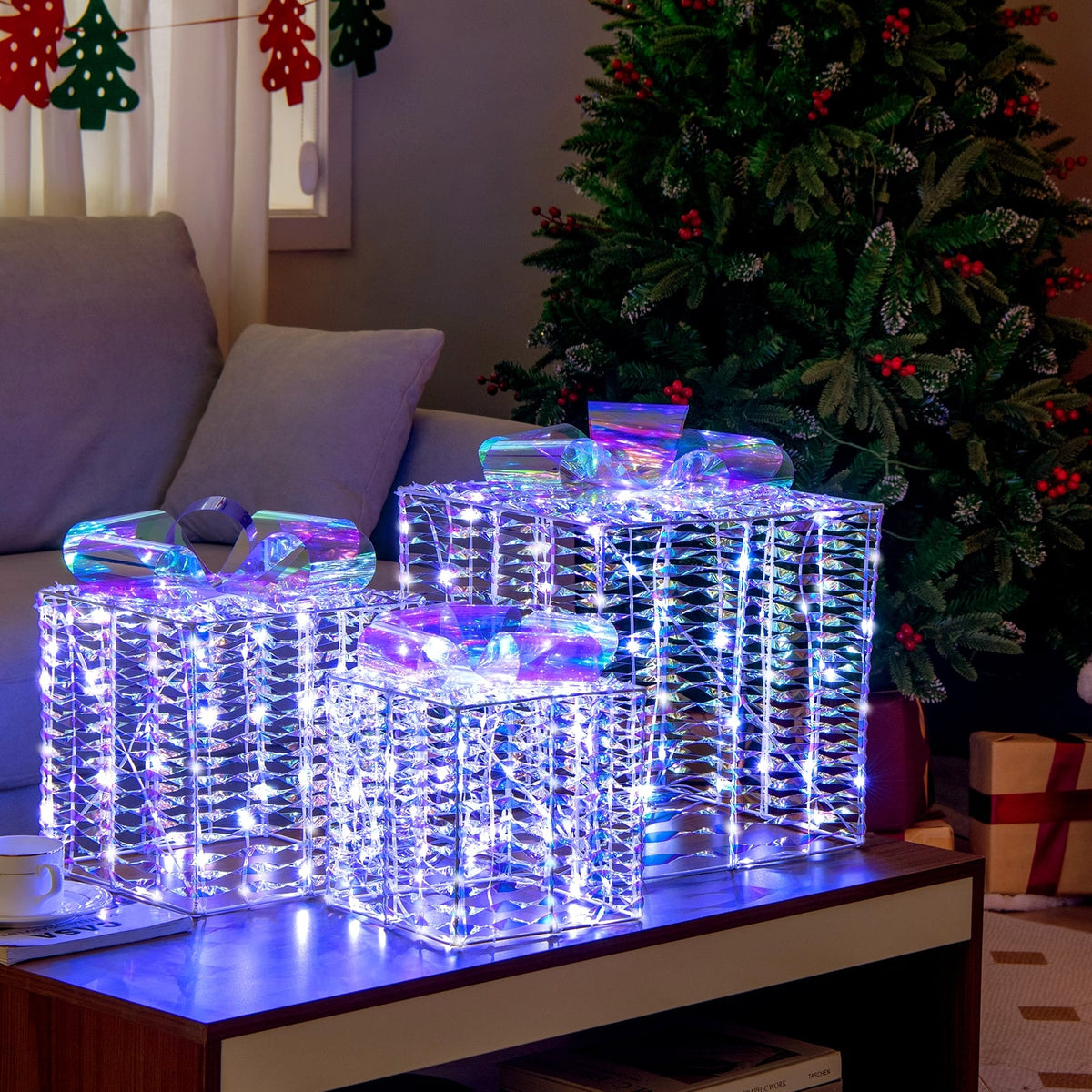 Set of 3 Iridescent Christmas Gift Box with Iridescent Bows-Christmas Decorations & Accessories-DECOROLALA