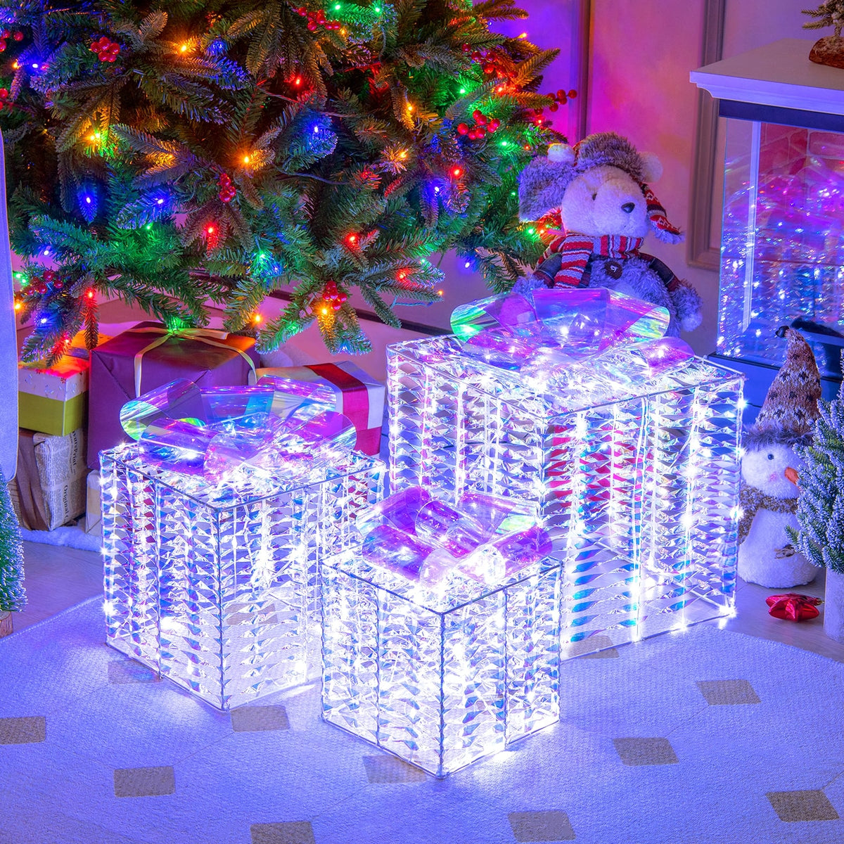 Set of 3 Iridescent Christmas Gift Box with Iridescent Bows-Christmas Decorations & Accessories-DECOROLALA
