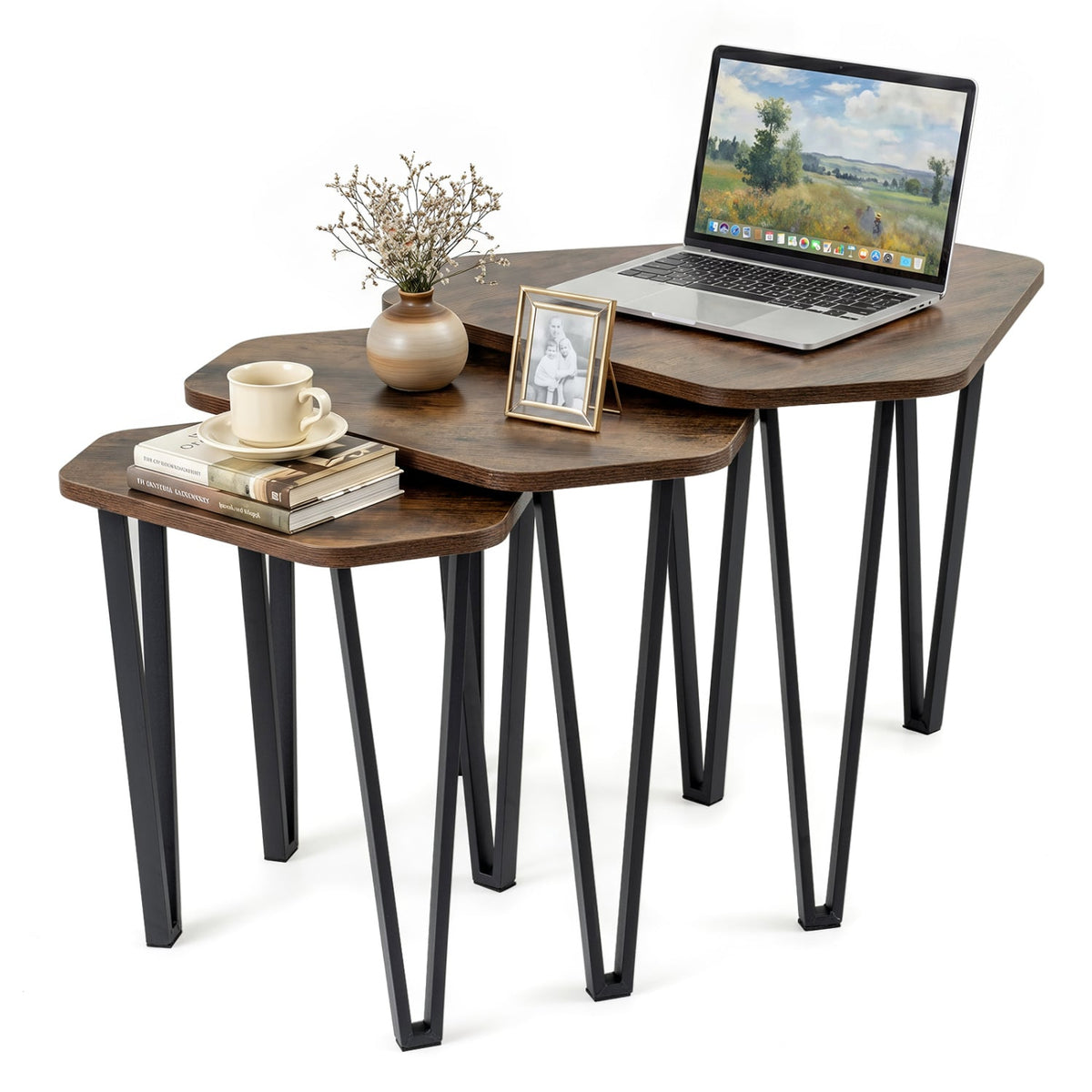 Set of 3 Nesting Coffee Tables with Engineered Wood Top and Metal Frame for Living Room-Rustic Brown-Coffee Tables-DECOROLALA
