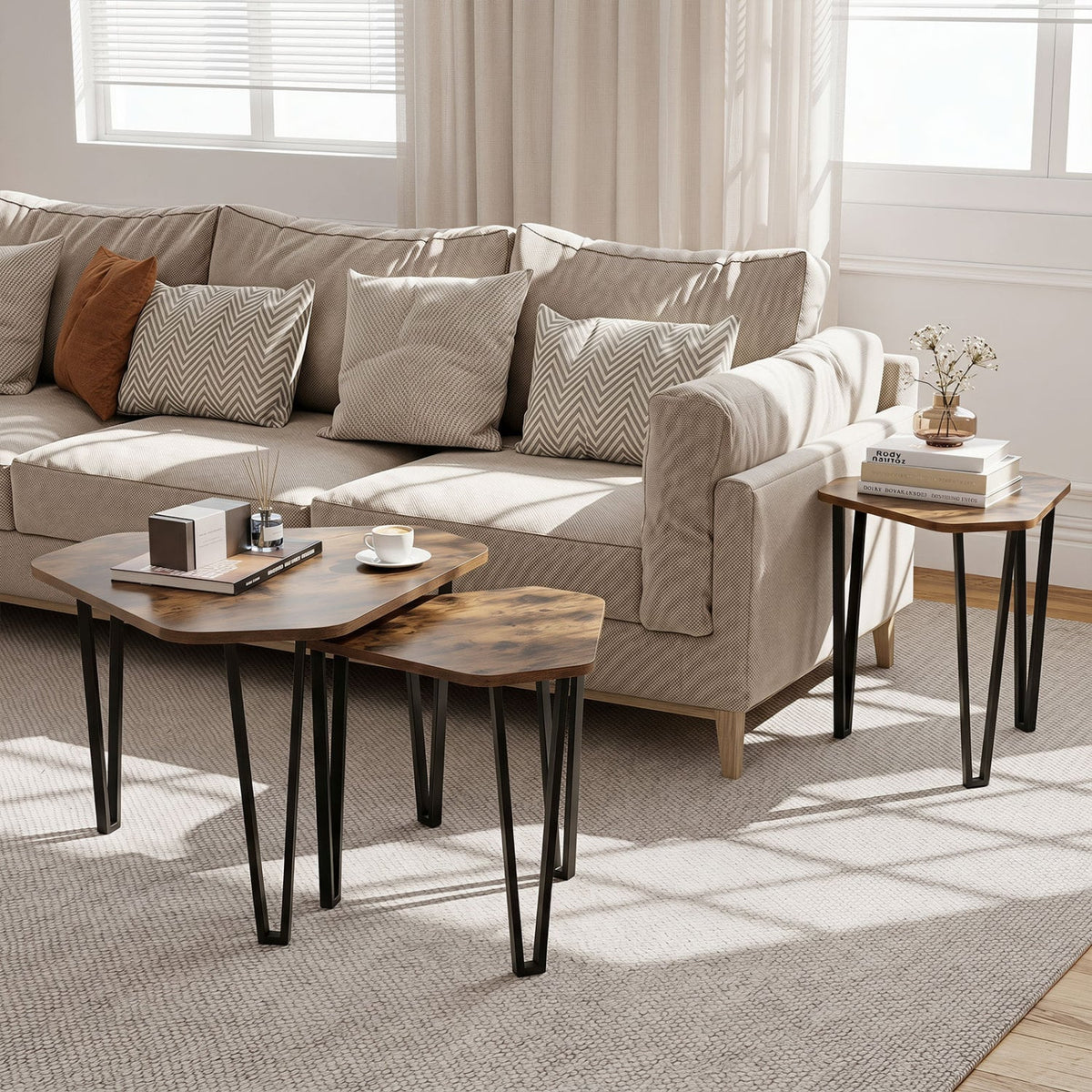 Set of 3 Nesting Coffee Tables with Engineered Wood Top and Metal Frame for Living Room-Rustic Brown-Coffee Tables-DECOROLALA