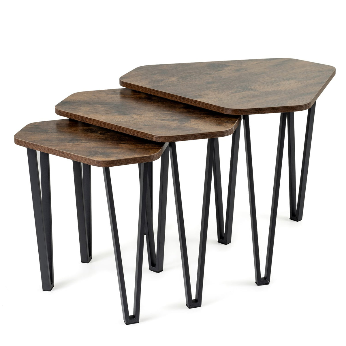 Set of 3 Nesting Coffee Tables with Engineered Wood Top and Metal Frame for Living Room-Rustic Brown-Coffee Tables-DECOROLALA