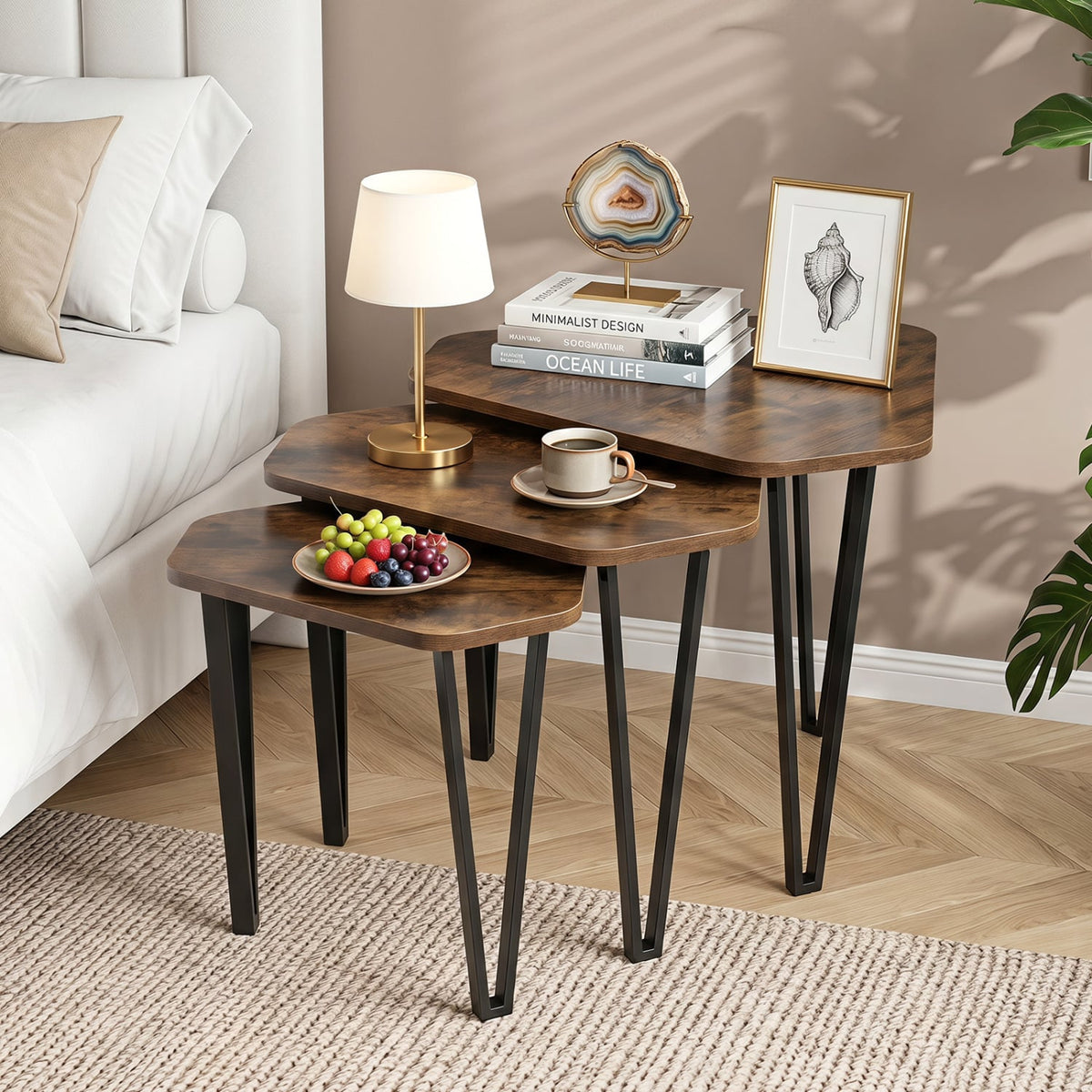 Set of 3 Nesting Coffee Tables with Engineered Wood Top and Metal Frame for Living Room-Rustic Brown-Coffee Tables-DECOROLALA
