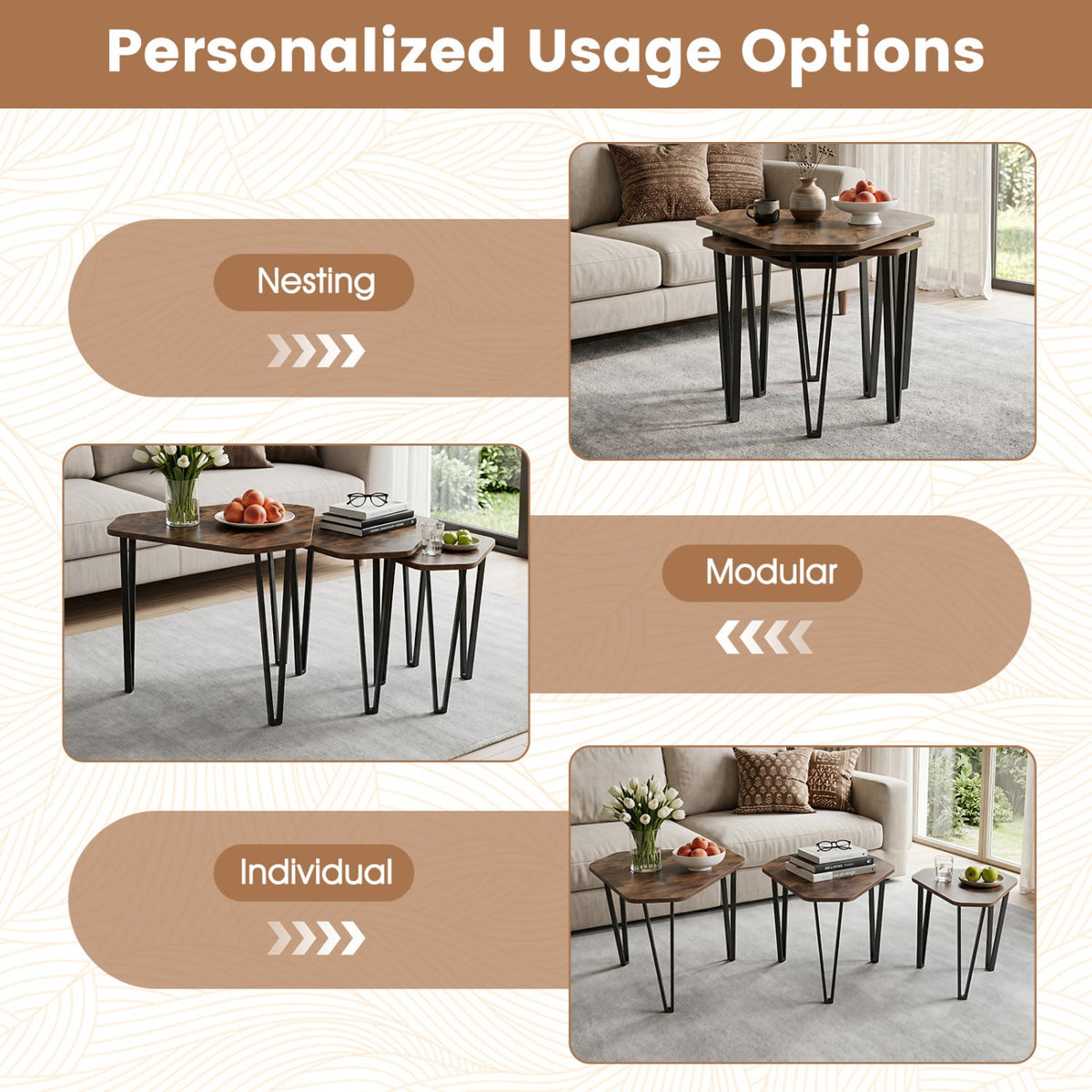 Set of 3 Nesting Coffee Tables with Engineered Wood Top and Metal Frame for Living Room-Rustic Brown-Coffee Tables-DECOROLALA