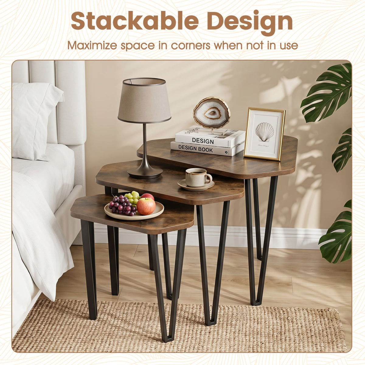 Set of 3 Nesting Coffee Tables with Engineered Wood Top and Metal Frame for Living Room-Rustic Brown-Coffee Tables-DECOROLALA