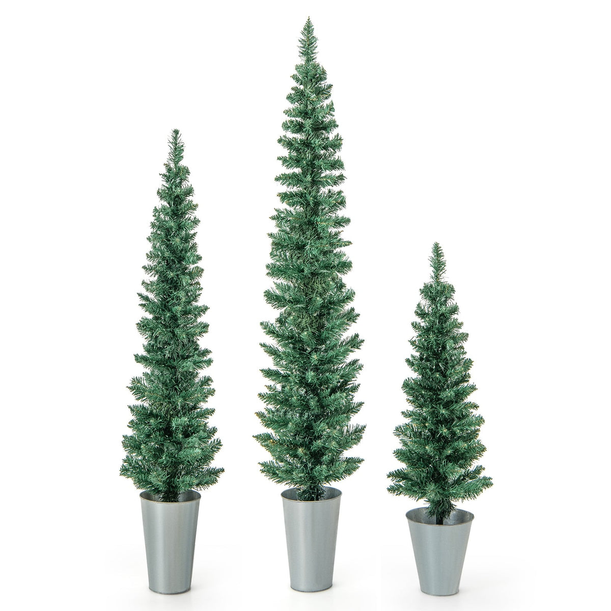 Set of 3 Potted Artificial Christmas Tree with Silver Metal Buckets-Christmas Trees-DECOROLALA