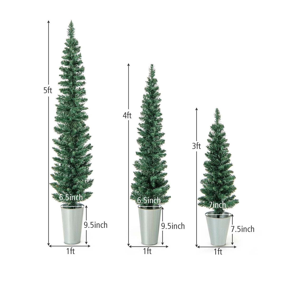 Set of 3 Potted Artificial Christmas Tree with Silver Metal Buckets-Christmas Trees-DECOROLALA