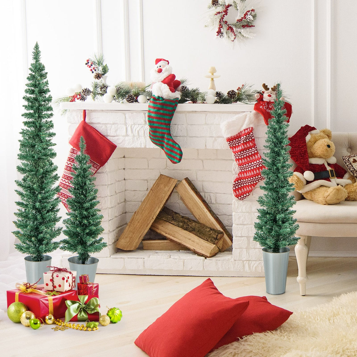 Set of 3 Potted Artificial Christmas Tree with Silver Metal Buckets-Christmas Trees-DECOROLALA