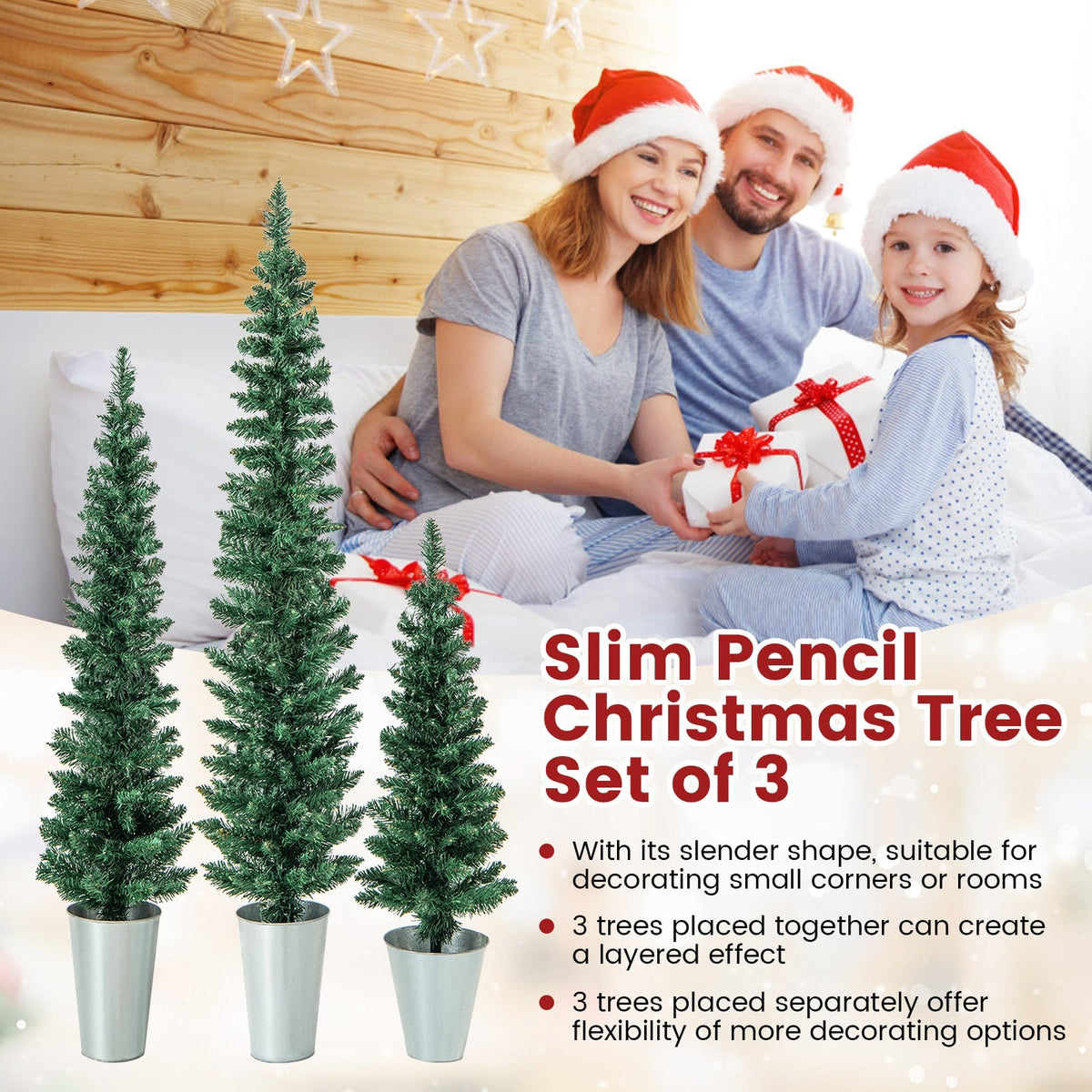 Set of 3 Potted Artificial Christmas Tree with Silver Metal Buckets-Christmas Trees-DECOROLALA