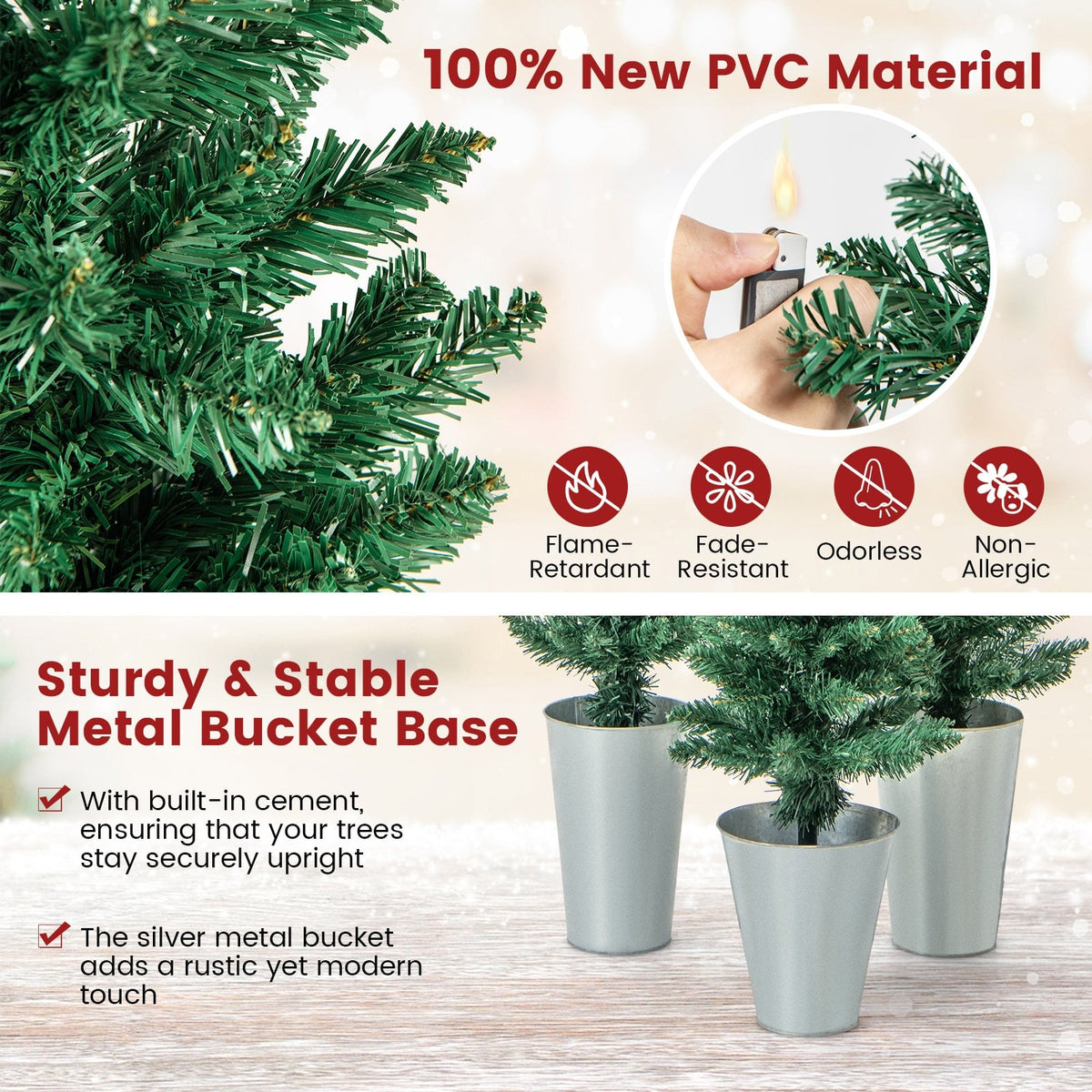 Set of 3 Potted Artificial Christmas Tree with Silver Metal Buckets-Christmas Trees-DECOROLALA