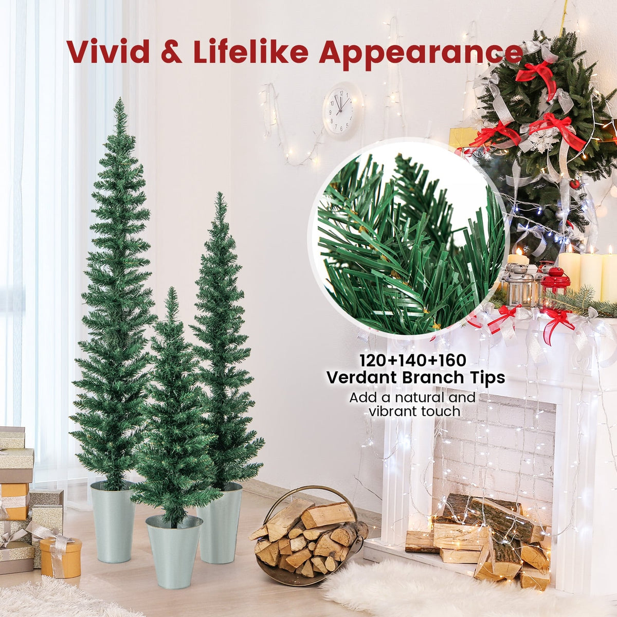 Set of 3 Potted Artificial Christmas Tree with Silver Metal Buckets-Christmas Trees-DECOROLALA