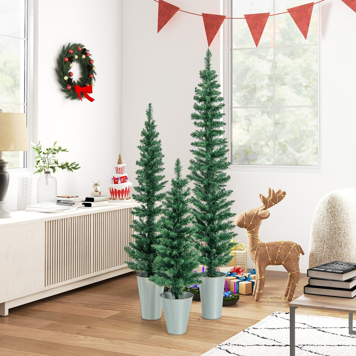 Set of 3 Potted Artificial Christmas Tree with Silver Metal Buckets-Christmas Trees-DECOROLALA