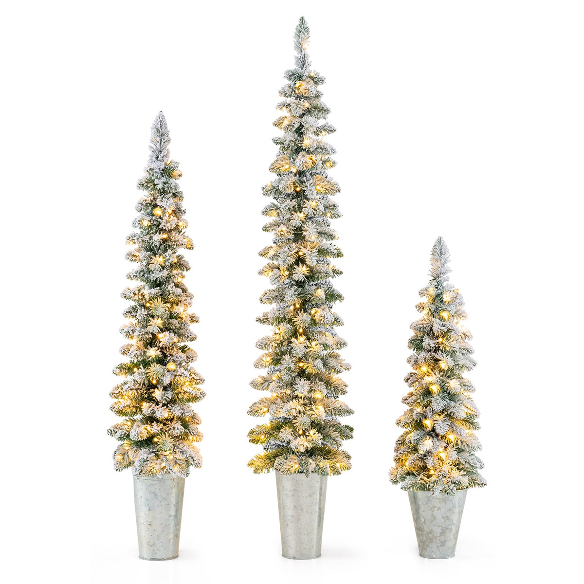 Set of 3 Pre-Lit Snow Flocked Artificial Christmas Trees witrh 423 Branch Tips-Christmas Trees-DECOROLALA