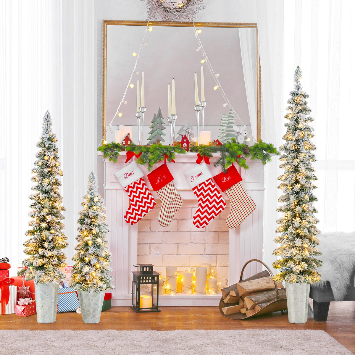 Set of 3 Pre-Lit Snow Flocked Artificial Christmas Trees witrh 423 Branch Tips-Christmas Trees-DECOROLALA