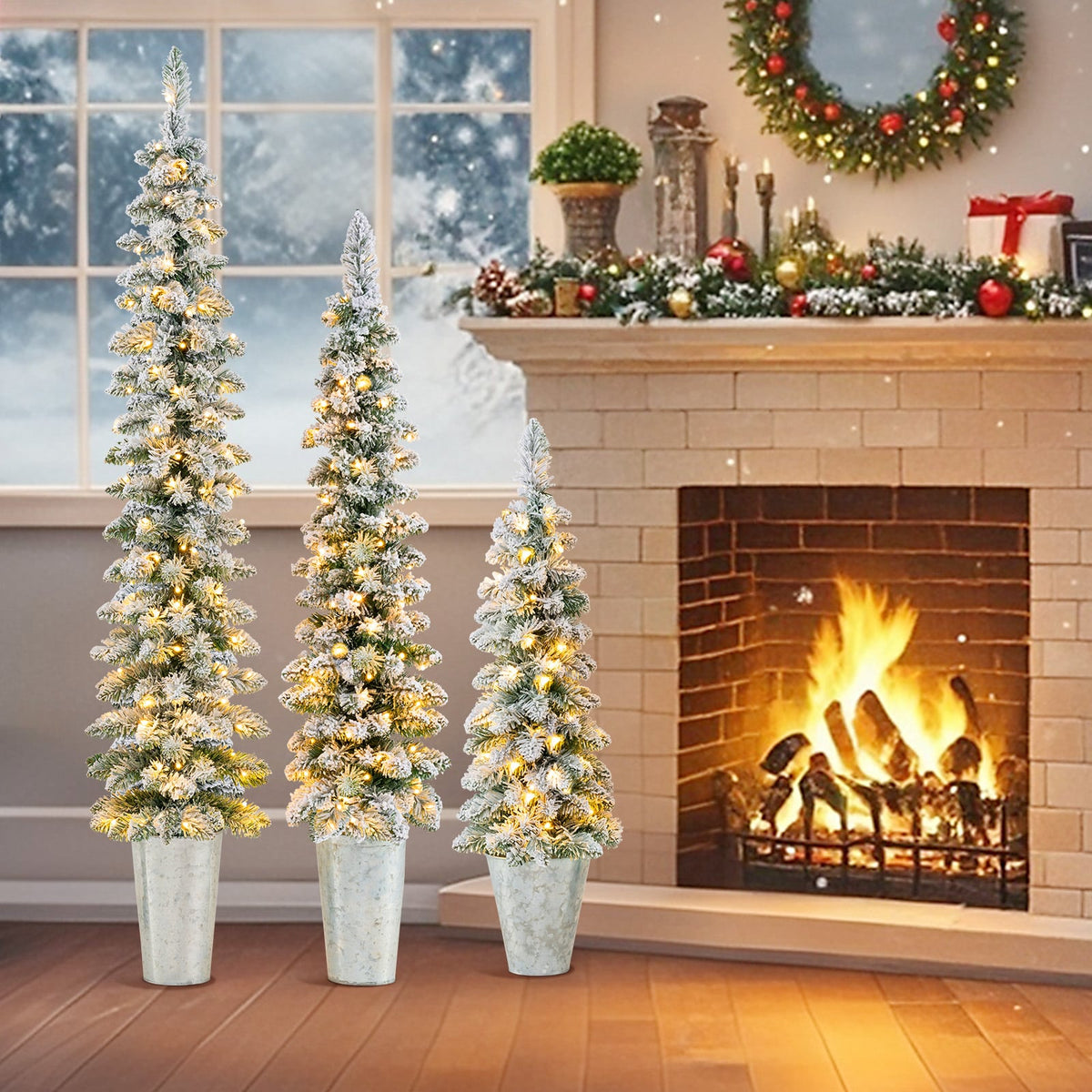 Set of 3 Pre-Lit Snow Flocked Artificial Christmas Trees witrh 423 Branch Tips-Christmas Trees-DECOROLALA