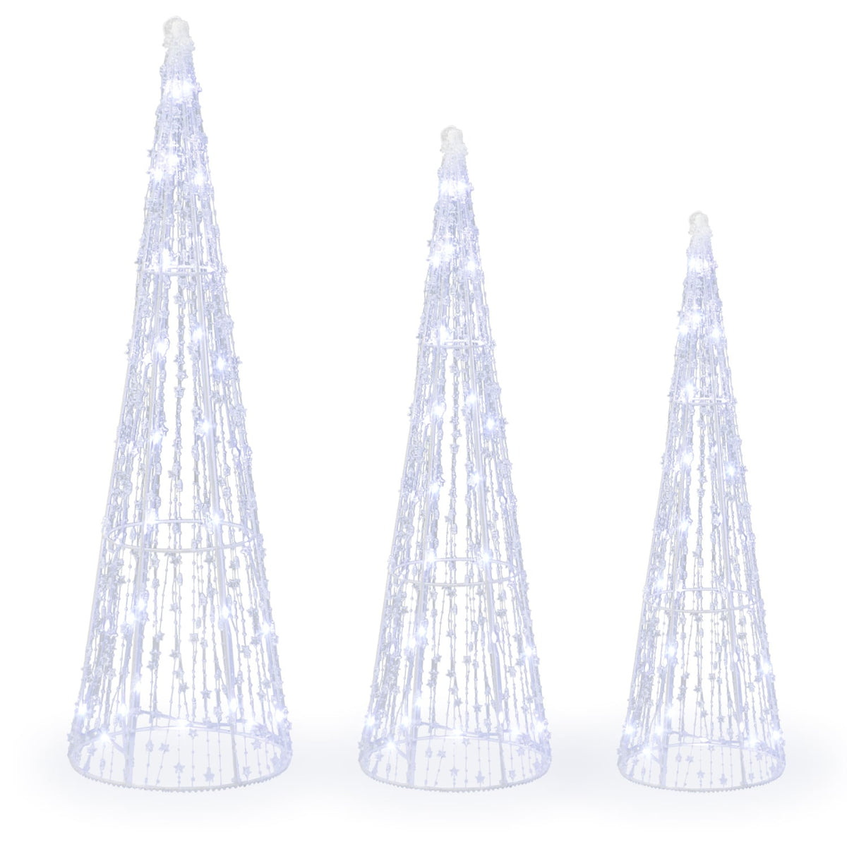 Set of 3 Pre-lit Christmas Cone Trees with Star Strings for Christmas-Cold White-Christmas Decorations & Accessories-DECOROLALA