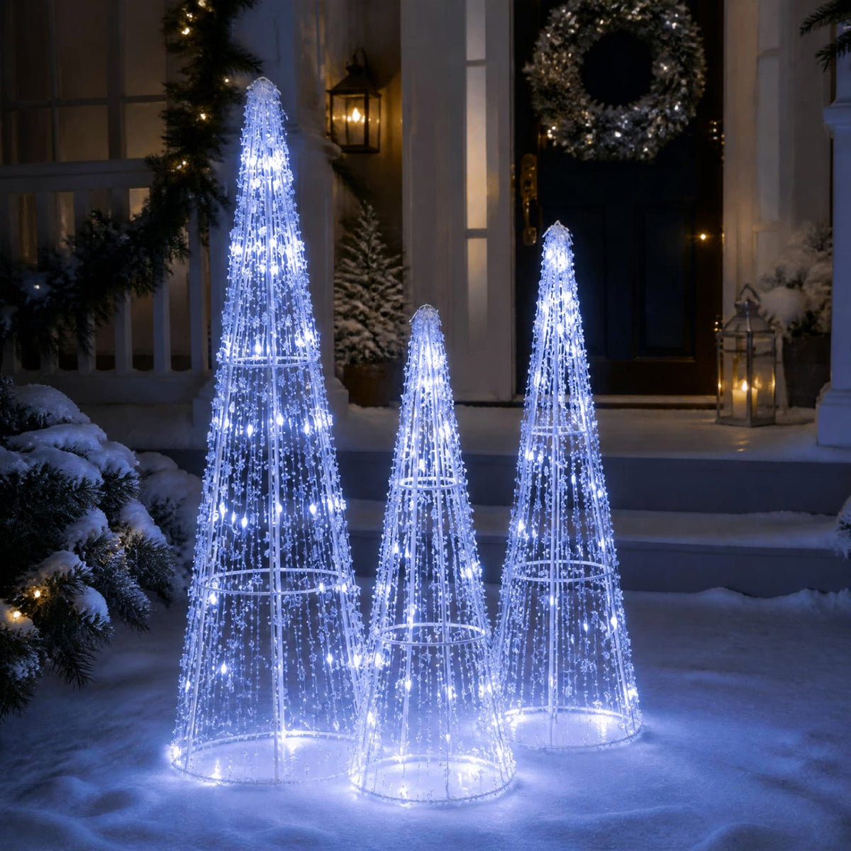 Set of 3 Pre-lit Christmas Cone Trees with Star Strings for Christmas-Cold White-Christmas Decorations & Accessories-DECOROLALA
