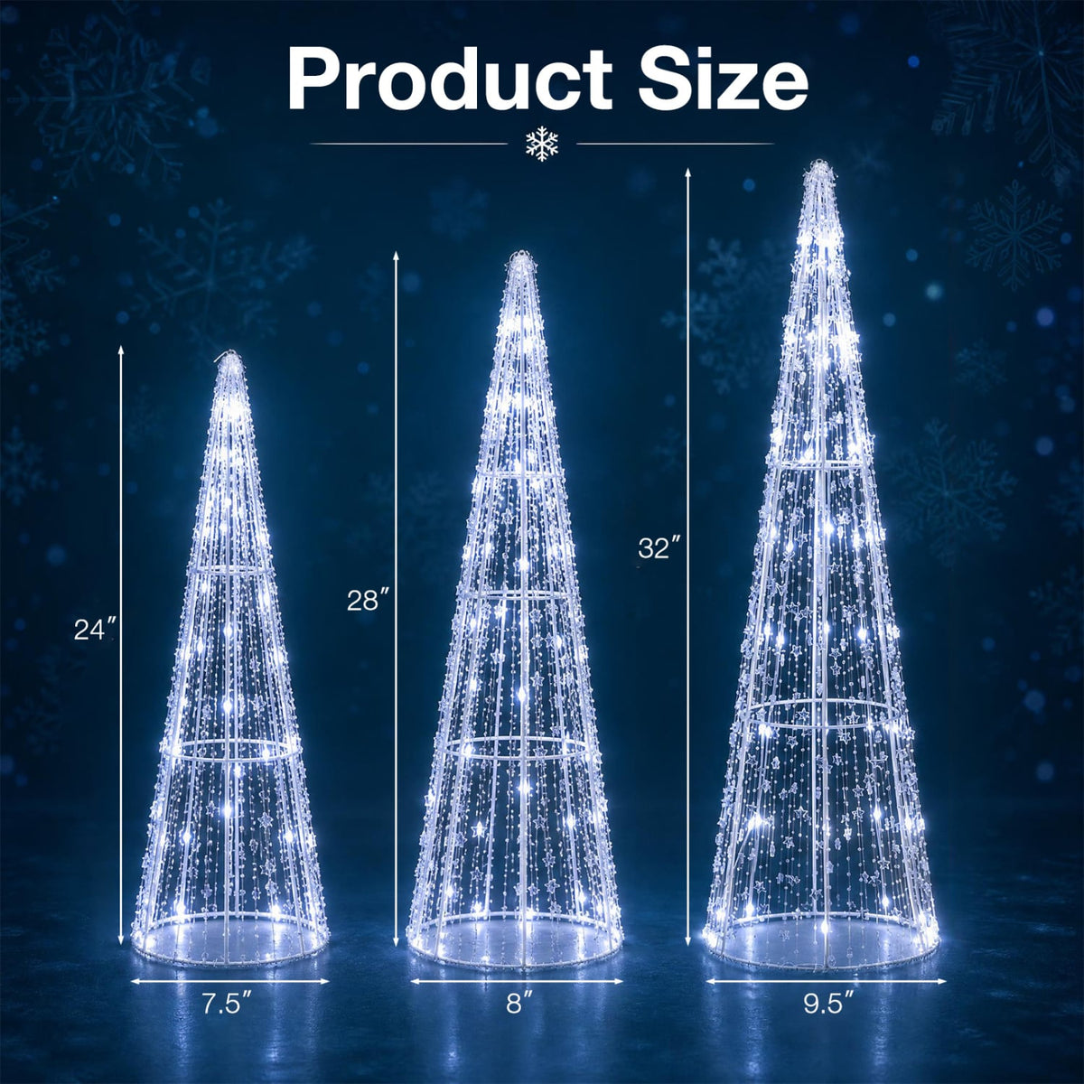 Set of 3 Pre-lit Christmas Cone Trees with Star Strings for Christmas-Cold White-Christmas Decorations & Accessories-DECOROLALA