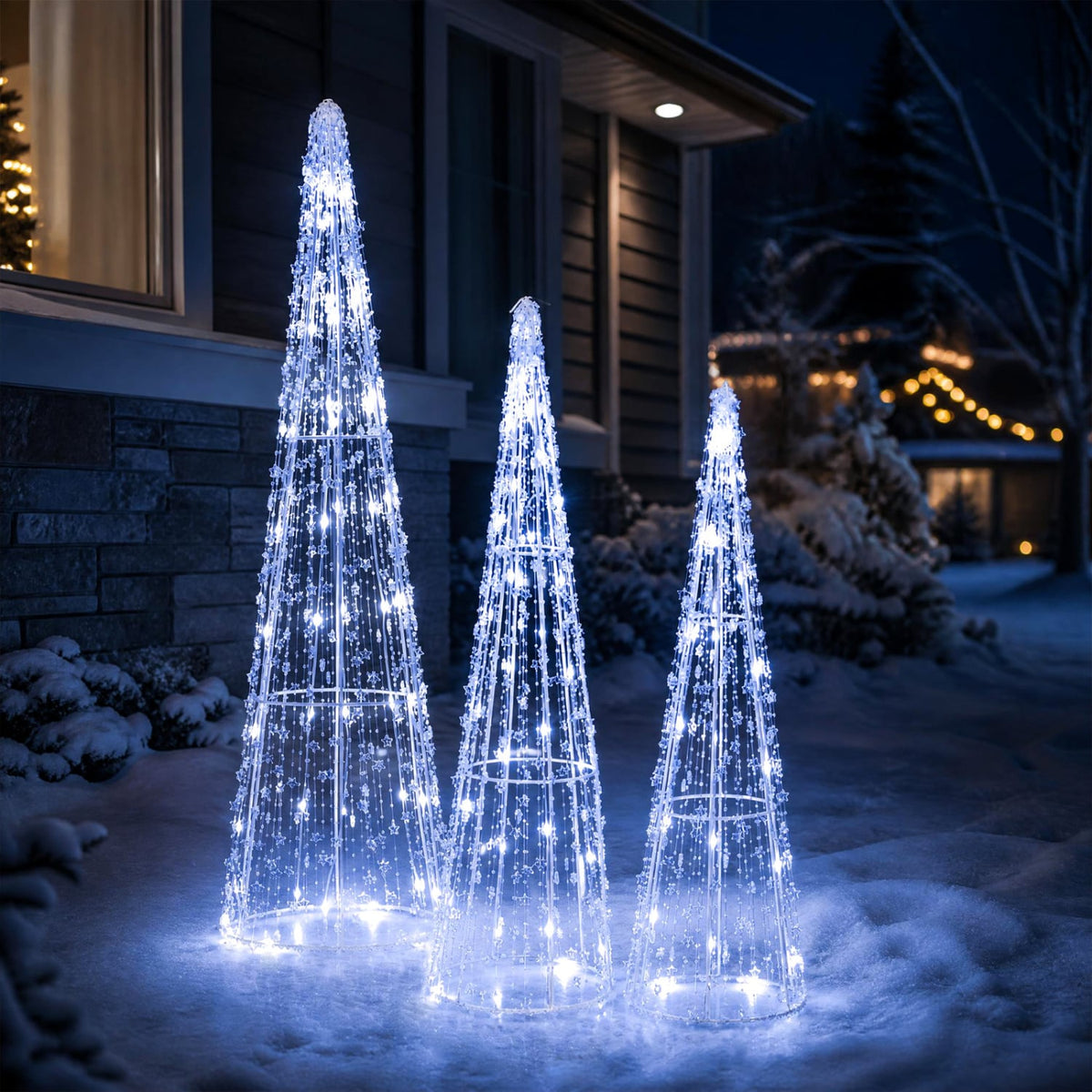 Set of 3 Pre-lit Christmas Cone Trees with Star Strings for Christmas-Cold White-Christmas Decorations & Accessories-DECOROLALA